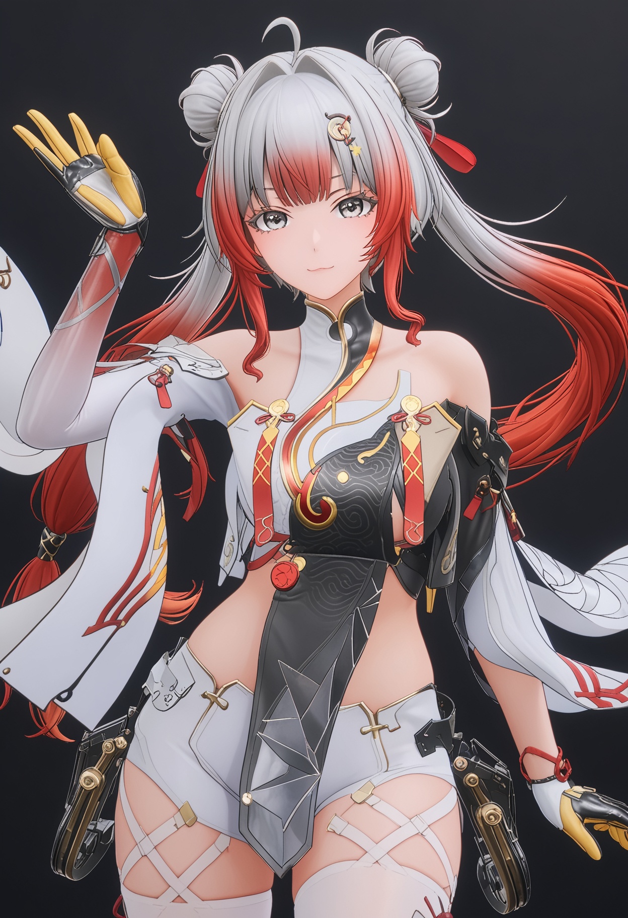 (upper_body:1.2),score_9,score_8_up,masterpiece,(best quality),intricate details,facing viewer,(looking at viewer:1.1),<lora:YQ_pony_bubu_V4:0.8>,q1528437228,1girl,solo,red hair,multicolored hair,grey hair,long hair,hair ornament,gradient hair,hair bun,double bun,chinese clothes,twintails,grey eyes,dress,detached sleeves,gloves,hair intakes,thighhighs,white pantyhose,white thighhighs,shorts,high heels,two-tone hair,pelvic curtain,thighs,white shorts,BREAKscore_9,score_8_up,masterpiece,(best quality),perfect anatomy,(hourglass),perfect face,(simple background,pure black background,black background:1.1),fair_skin,shiny_skin,Ivory_skin,