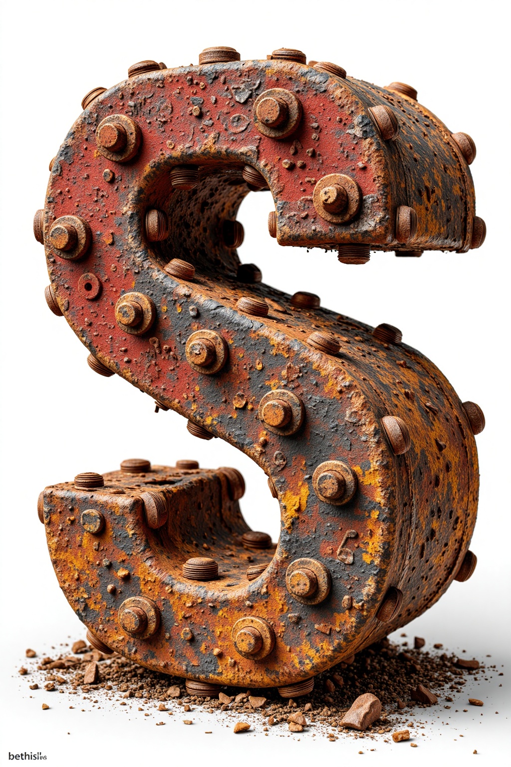 beijihui,The image depicts a large,rusted letter "S" **** from what appears to be a combination of metal parts. The "S" is constructed with bolts and rivets,giving it a rugged,industrial appearance. The surface of the "S" is heavily corroded,with a reddish-brown rust covering most of its surface. There are also smaller metal fragments and debris scattered around the base of the "S," suggesting that it has been exposed to the elements for a significant period. The background is a plain white,which makes the rusted "S" stand out prominently,