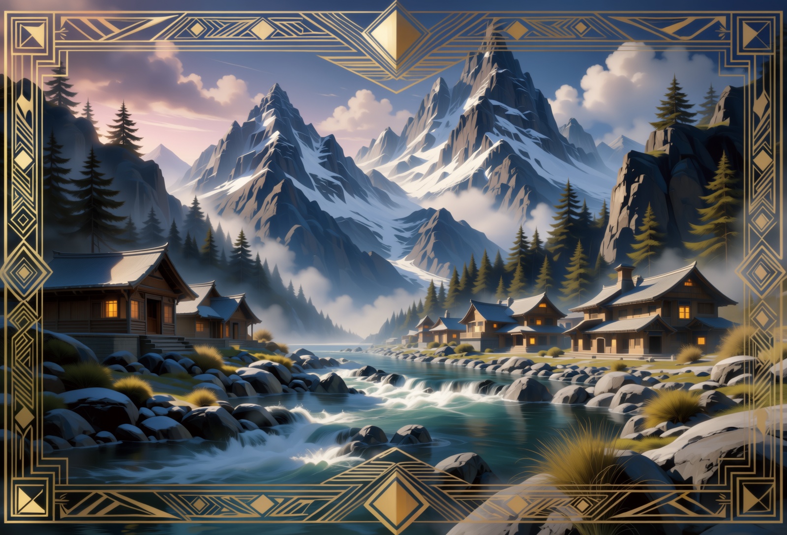 Ilusfacty5 art style. Atmospheric early dawn over the Chemal region in Altai,  soft pink and purple morning sky,  powerful...