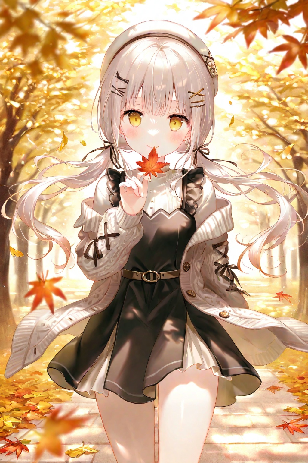 1girl, autumn leaves, solo, dress, maple leaf, hair ornament, long hair, leaf, black dress, hat, twintails, smile, holding, blurry, looking at viewer, x hair ornament, long sleeves, autumn, white headwear, yellow eyes, sleeveless dress, holding leaf, closed mouth, open clothes, pinafore dress, sleeveless, white hair, blurry foreground, beret, blush, depth of field, low twintails, belt, open cardigan, blurry background, cardigan, outdoors, sidelocks, standing