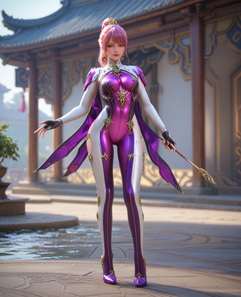(oriental architecture, elegant decor, sophisticated style:1.1),(Standing with her dress billowing and hair flying back, she faces forward with determination, as if bracing against a strong gust:1.1),(breasts:1.2),<lora:XL16穿越火线步练师潜伏者:0.95>,miss bulianshiq,bodysuit,green eyes,eyeshadow,pink hair,ponytail,earrings,jewelry,hair ornament,fingerless gloves,skin tight,purple high heels,purple and white openwork catsuit,, score_9,score_8_up,score_7_up,score_6_up,score_5_up,score_4_up,3d rendering,tag1,tag2, Cinematic Lighting,backlighting,, zPDXL3, zPDXL2,zPDXL, zPDXLxxx, zPDXLrl,