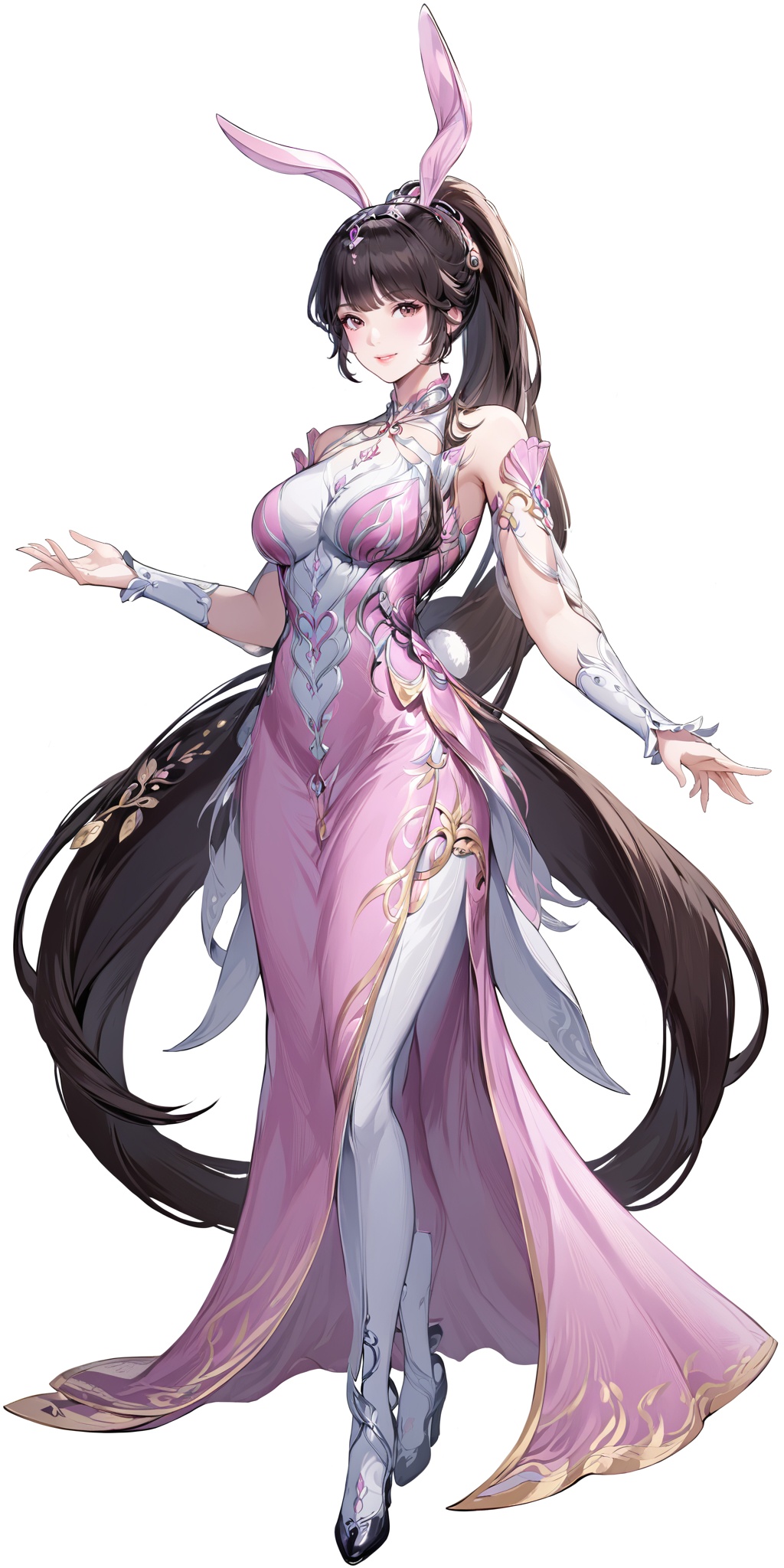 masterpiece,best quality,huge filesize,fantasy,illustration,anime,simple white background,1 woman,(mature_female:1.2),solo,animal ears,dress,rabbit ears,long hair,pink dress,very long hair,full body,brown hair,ponytail,hair ornament,black hair,simple background,collar,smile,<lora:XL小舞成年2.0:0.7>,