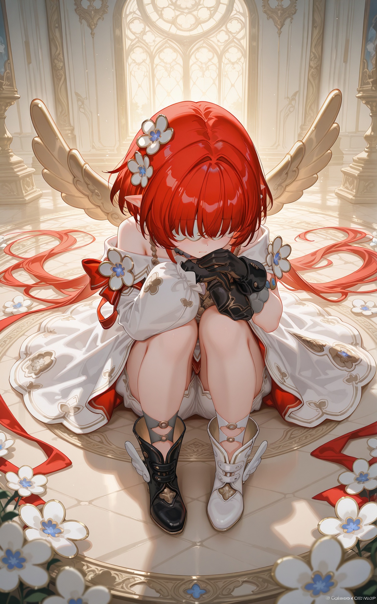 8k,best quality,masterpiece,(ultra-detailed),(high detailed skin),((artist:reoen),(artist:fuzichoco),(artist:atdan),(artist:torino_aqua),year 2024:0.8),[artist:wlop],[artist:ningen_mame],artist:ciloranko,[[artist:rhasta]],artist:tidsean,colorful,<lora:xl-ill-Tribios-v1-000012:0.8>,Trinnon\(honkai:star rail\),1girl,red hair,solo,pointy ears,hair ornament,white flower,covered eyes,bare shoulders,gloves,dress,white dress,white flower,black gloves,wings,asymmetrical sleeves,long sleeves,asymmetrical clothes,puffy sleeves,mismatched footwear,white footwear,black footwear,boots,resting,