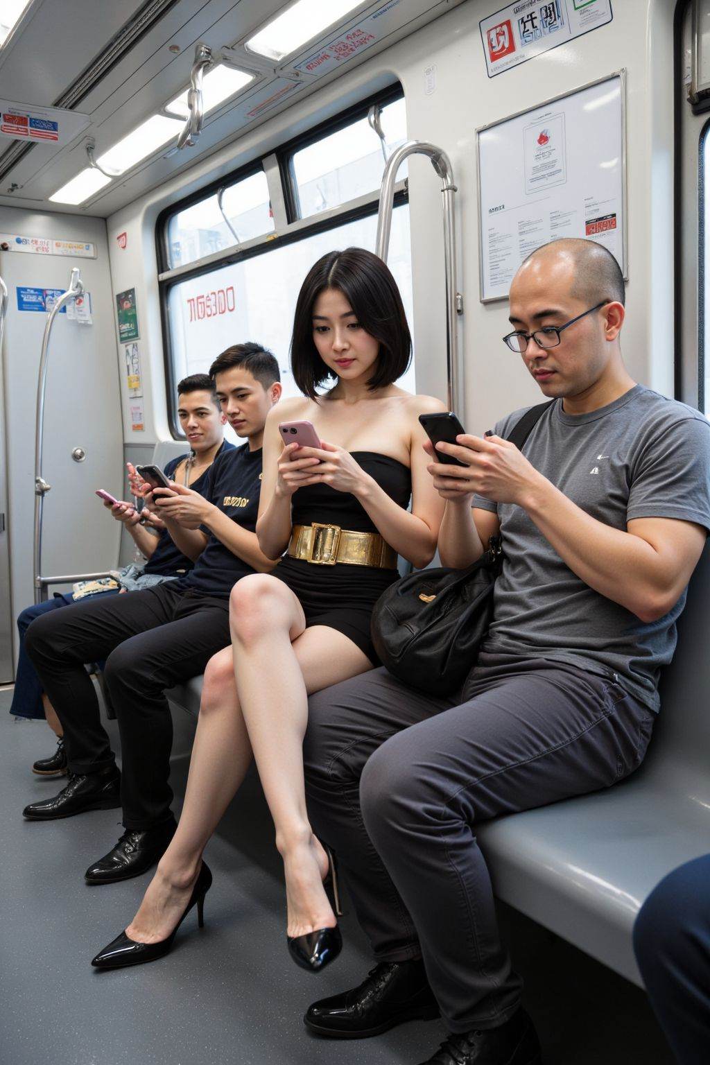 This is a high-resolution photograph taken inside a modern subway train. The image captures a diverse group of individuals seated on the train, all engrossed in their smartphones. The central figure is a young Asian woman with a fair complexion, short black hair, and a slender physique. She is dressed in a strapless, black, knee-length dress with a wide, gold belt cinched at the waist, which accentuates her small bust and slender frame. Her legs are crossed, and she is wearing black high-heeled shoes. She is holding her smartphone in both hands, her expression focused and slightly pensive.To her right, a bald man with glasses and a fair complexion is dressed in a grey T-shirt and dark pants. He also holds a smartphone and has a black bag slung over his shoulder. To her left, a man with a medium complexion and short hair is dressed in a dark shirt and pants, also holding a smartphone. The subway car has a modern, clean design with grey and white tones, and the windows are large, allowing natural light to filter in. The seats are grey, and the overhead handrails are metallic. Posters and advertisements are visible on the walls, adding to the urban atmosphere.