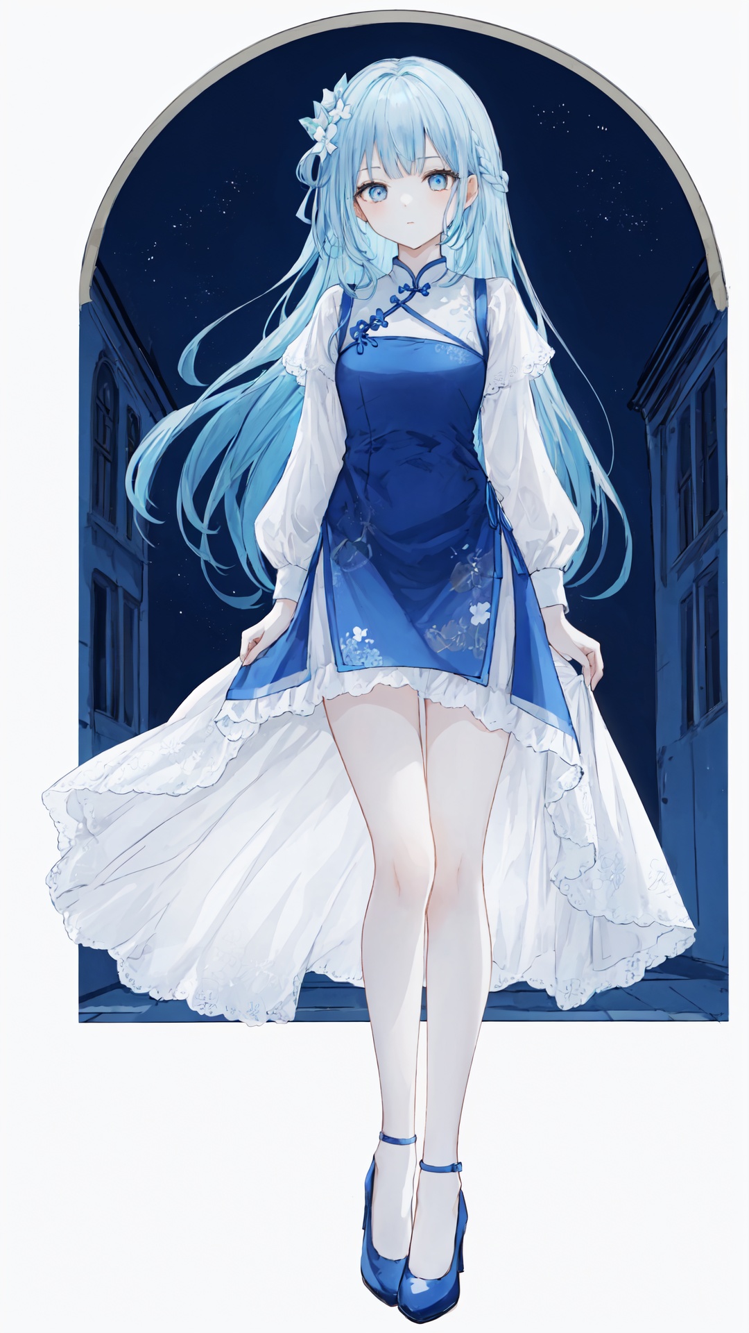 A girl, long legs, white high heels, wearing a blue and white porcelain cheongsam, split, long legs,,((Long hair: 1.2)),The overall picture is dominated by blue-and-white cool tones, with blue-and-white porcelain color matching, light blue hair, blue-and-white cheongsam, blue-and-white background and cool tones.Blue and white architecture, European medieval architecture, palace,
