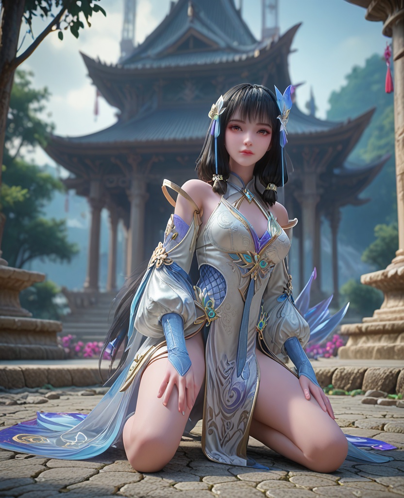 (oriental architecture, elegant decor, sophisticated style:1.1),(Kneeling on one knee, looking down with a hint of vulnerability,:1.1),(breasts:1.2),<lora:XL百炼成神云落透纱:0.9>,miss yunluobaiyi,white dress,hair flower,hair tubes,detached sleeves,black hair,hair ribbon,blunt bangs,waist blue mesh,orange eyes,tassel,see-through overskirt,jewelry,, zPDXL2, score_9, score_8_up, score_7_up BREAK realistic, masterpiece,best quality, highly detailed,, zPDXL3, zPDXL2,zPDXL, zPDXLxxx, zPDXLrl,