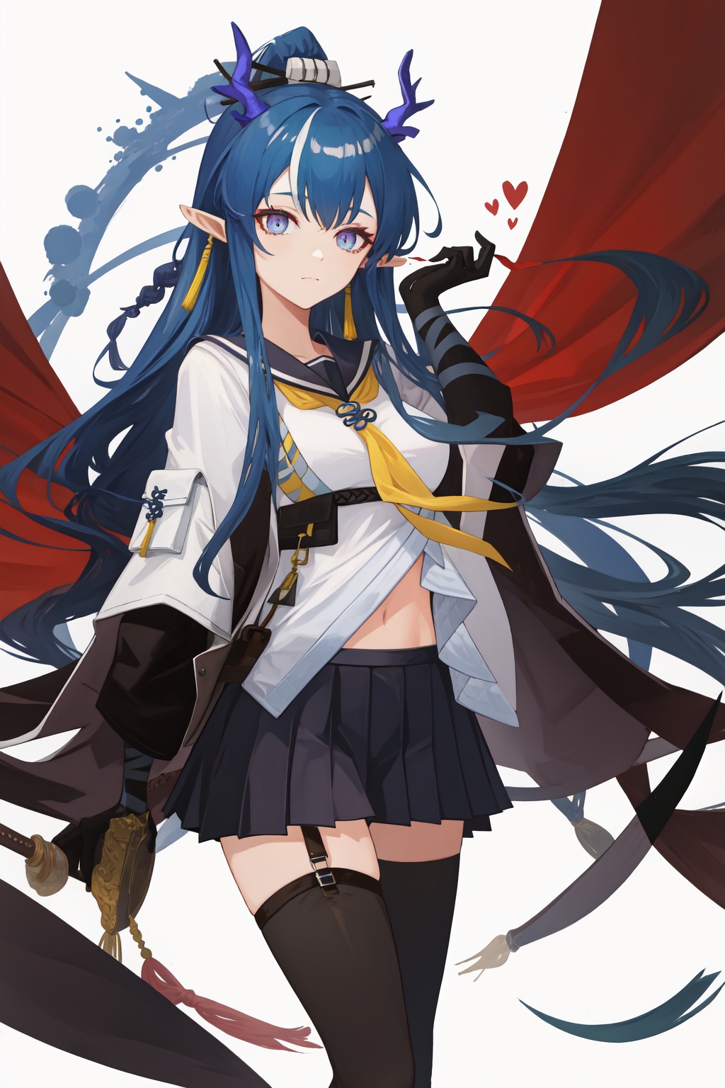 <lora:令:1:lbw=char>,ling,a girl named ling,blue hair,long hair,1girl,horns,pointy ears,dragon horns,blue eyes,school uniform,sailor dress,black thighhighs,, (masterpiece,best quality:1.2),absurdres, high quality,
