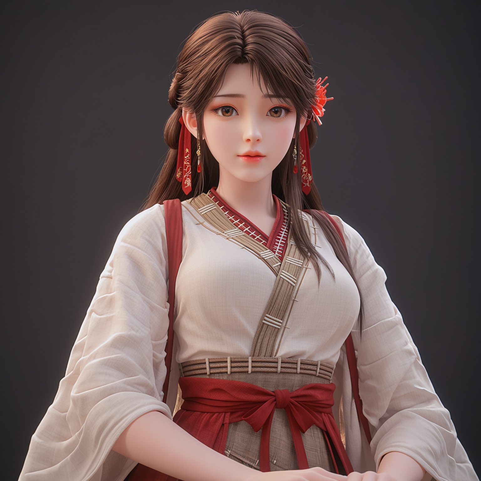 1girl,solo,<lora:YQponyhuolingerV2:0.8>,score_9,brown_hair,long_hair,hair_ornament,jewelry,earrings,hair_flower,brown_eyes,lips,realistic,chinese_clothes,long_sleeves,red_lips,ribbon,braid,makeup,wide_sleeves,red_flower,skirt,hair_ribbon,breasts,dress,bangs,japanese_clothes,sash,black_hair,hanfu,hakama_skirt,miko,red_ribbon,BREAK score_9,upper_body,portrait,shiny_skin,looking at viewer,cinematic lighting,volumetric lighting,solo focus,(huge breasts:0.9),(simple background,pure black background,black background:1.1),