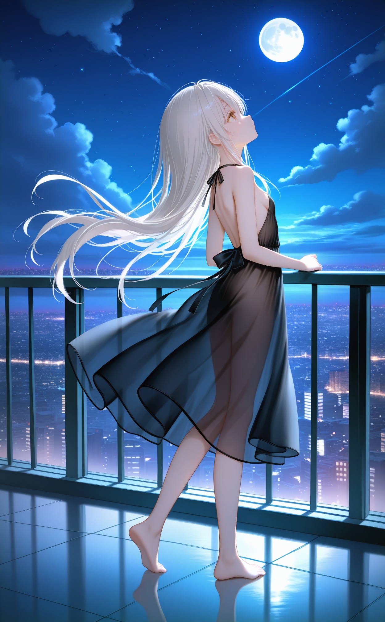 asterpiece,very aware,highres,absurdres,newest,best quality,loli,petite,high quality,chromatic_aberration,White Theme,//,1girl,moon,dress,night,full moon,solo,long hair,floating hair,sky,barefoot,white hair,black dress,night sky,cloud,outdoors,railing,cityscape,bare shoulders,balcony,sleeveless dress,standing,bare arms,very long hair,breasts,full body,wind,backless dress,building,sleeveless,small breasts,city,closed mouth,see-through,backless outfit,see-through silhouette,looking afar,city lights,cloudy sky,star (sky),soles,see-through dress,against railing,sideboob,rooftop,feet,moonlight,looking up,yellow eyes,brown eyes,strapless dress,long dress,starry sky,from side,profile,toes,reflection,water,grey eyes,//,photorealistic,Artist:na-ga,(quasarcake:0.2),(wanke:0.9),[Artist:chen bin],Artist:tidsean,[Artist:sk (askzy)],(artist:tokkyu:0.5),(artist:momoko (momopoco):0.5),Artist:himitsu_(hi_mi_tsu_2),//,<lora:shaoyan2——【noob】hans:0.7>,<lora:PVC5——【noob】hans:0.4>,