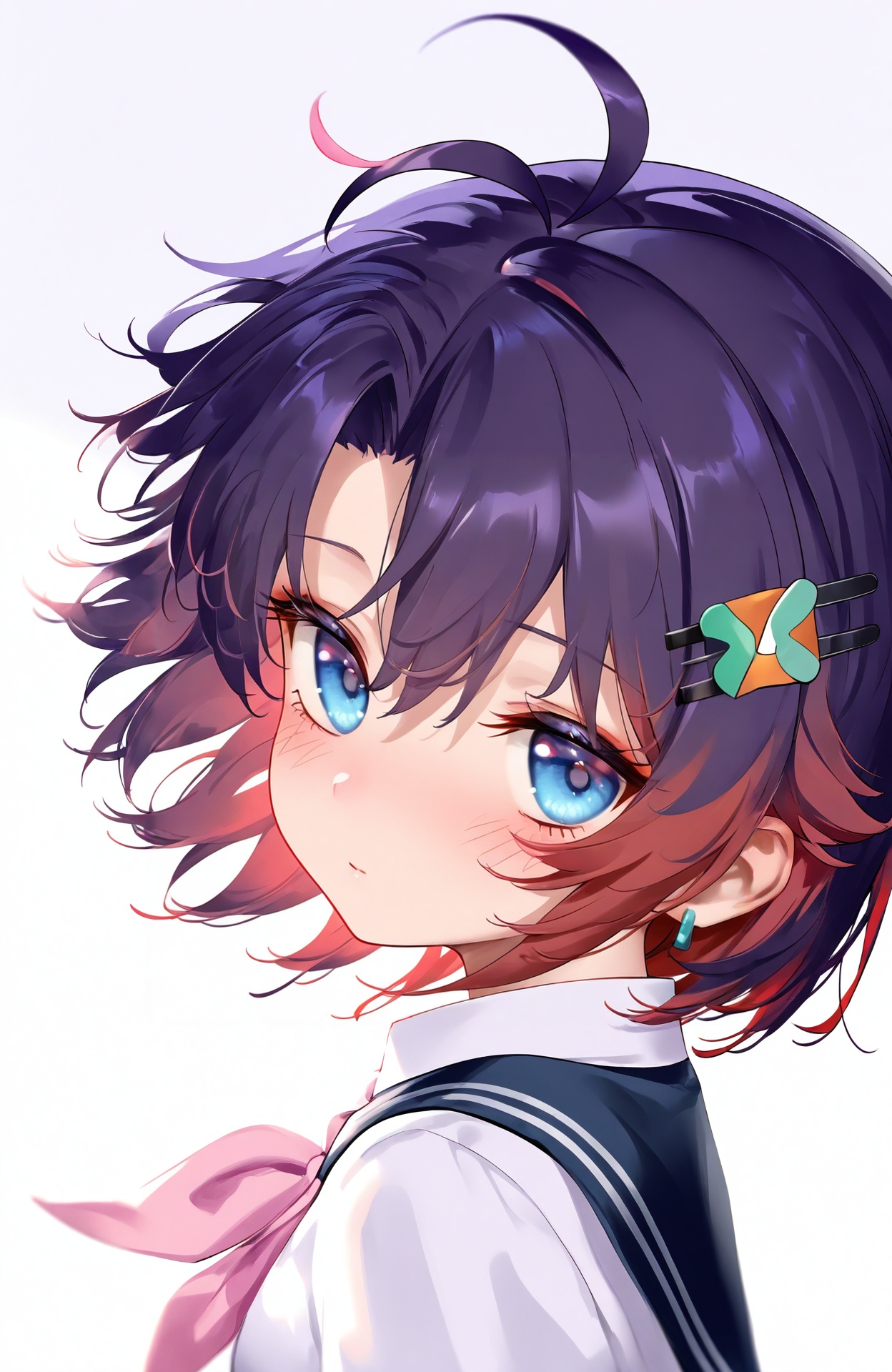 masterpiece,absurdres,best quality,petite,high quality,//,1girl,solo,blue_eyes,hair_ornament,shirt,hairclip,white_shirt,looking_at_viewer,closed_mouth,jewelry,blush,white_background,earrings,neckerchief,red_hair,hair_between_eyes,looking_to_the_side,simple_background,collared_shirt,portrait,from_side,short_hair,antenna_hair,pink_neckerchief,blurry,purple_hair,upper_body,looking_back,floating_hair,//,<lora:nai4zhengliu——【CKXL】hans:1>,