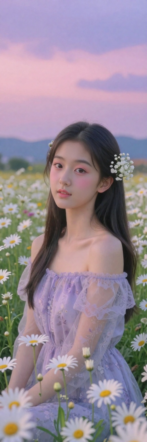 <lora:20260302_TinZITSharpnessSliderLora_v1_000000090:-2>, This is a high-resolution photograph capturing a young Asian woman in a serene, sunlit field of blooming daisies. The woman, likely in her early twenties, has long, straight black hair adorned with delicate, white baby's breath flowers. Her skin is smooth and fair, with a natural, radiant complexion. She is dressed in a light, off-shoulder, purple dress with sheer, lace-like sleeves and a subtle floral pattern, which complements the surrounding flowers. Her makeup is minimal but accentuates her eyes with a soft, pink blush and subtle eyeliner, giving her a fresh, natural look. The background features a vast expanse of daisies in various stages of bloom, with some flowers fully open and others still in bud, creating a lush, vibrant field. The sky is a beautiful gradient of soft pinks and purples, transitioning into a deeper blue as it reaches the horizon, suggesting either dawn or dusk. In the distance, rolling hills or mountains are faintly visible, adding depth to the scene. The overall mood is peaceful and ethereal, with the woman appearing almost like a serene spirit among the flowers.