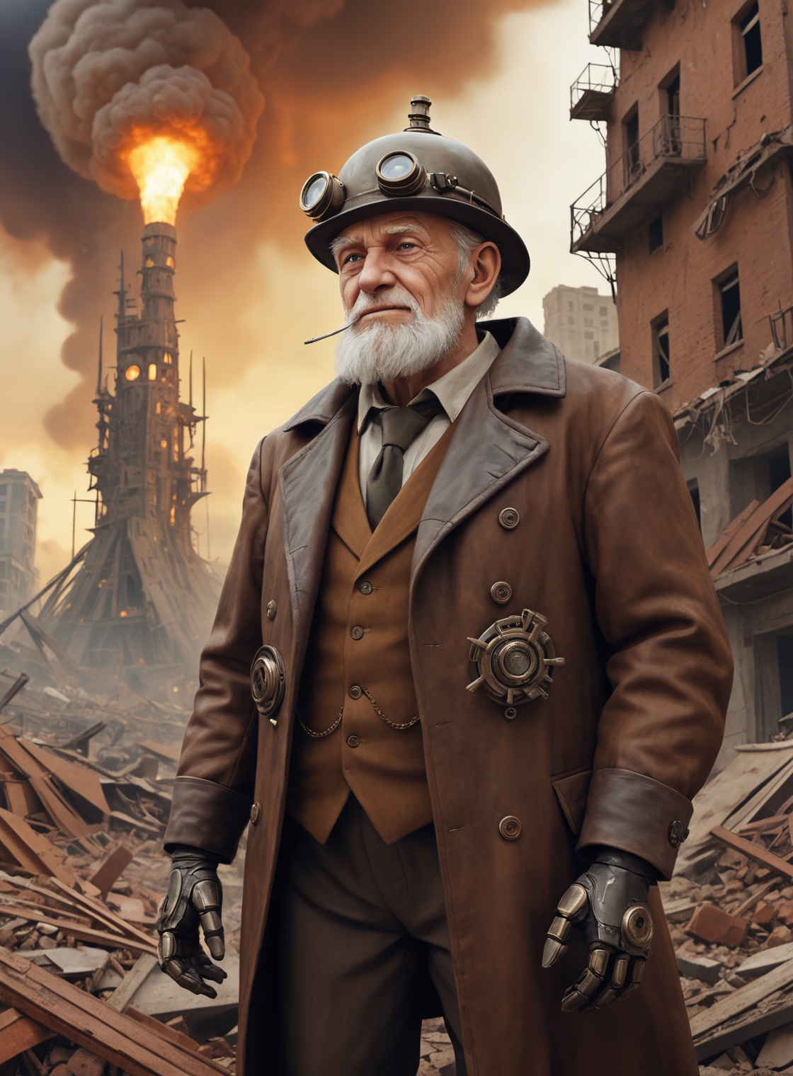 (closeup old man in a destroyed city atomic blast in the background),  steampunk robot happy Funny cartoonish,  by Gedimin...