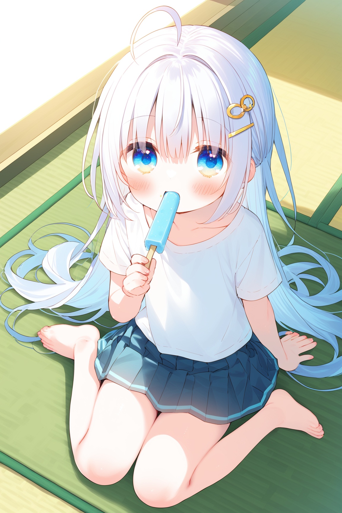 1girl,loli,solo,shirt,long hair,sitting,popsicle,skirt,looking at viewer,white shirt,hair ornament,food,blue eyes,short sleeves,barefoot,holding,hairclip,ahoge,blush,bangs,holding food,wariza,pleated skirt,hair between eyes,blue hair,eating,tatami,very long hair,collarbone,white hair,from above,arm support,