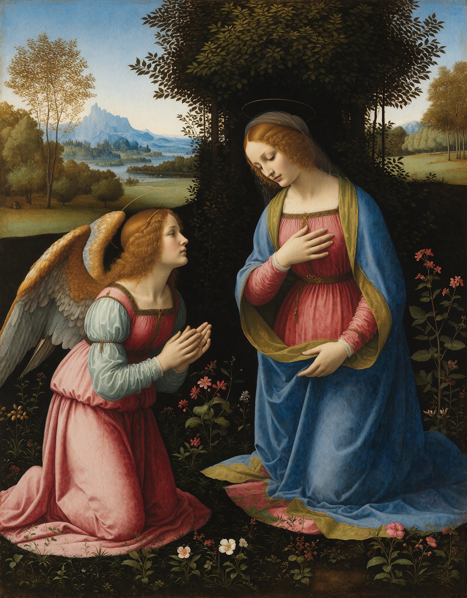Leonardo da Vinci style,  The Annunciation,  the angel Gabriel kneeling before the Virgin Mary in a Florentine garden on T...