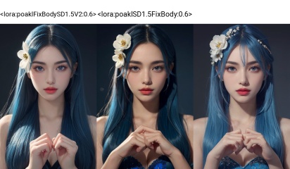 1girl,solo,hair ornament,flower,hair flower,perfect hands,makeup,blue hair,eyelashes,show her hands,((poakl)),<lora:poaklFixBodySD1.5V2:0.6>,