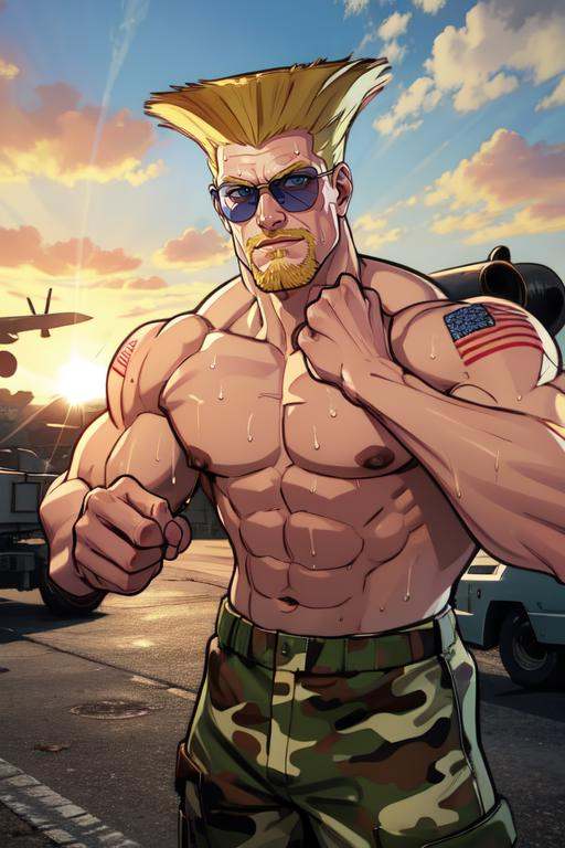 Guile, blond hair, flattop,  beard,  shoulder tattoo,  muscular,  looking at viewer,  sunglasses, camo pants,   topless male,  sweat,  Air Force Base, morning, outdoors,  sun, upper body,   (insanely detailed, beautiful detailed face,beautiful detailed eyes, masterpiece, best quality) ,smile, solo,  <lora:Guile-10:0.7>