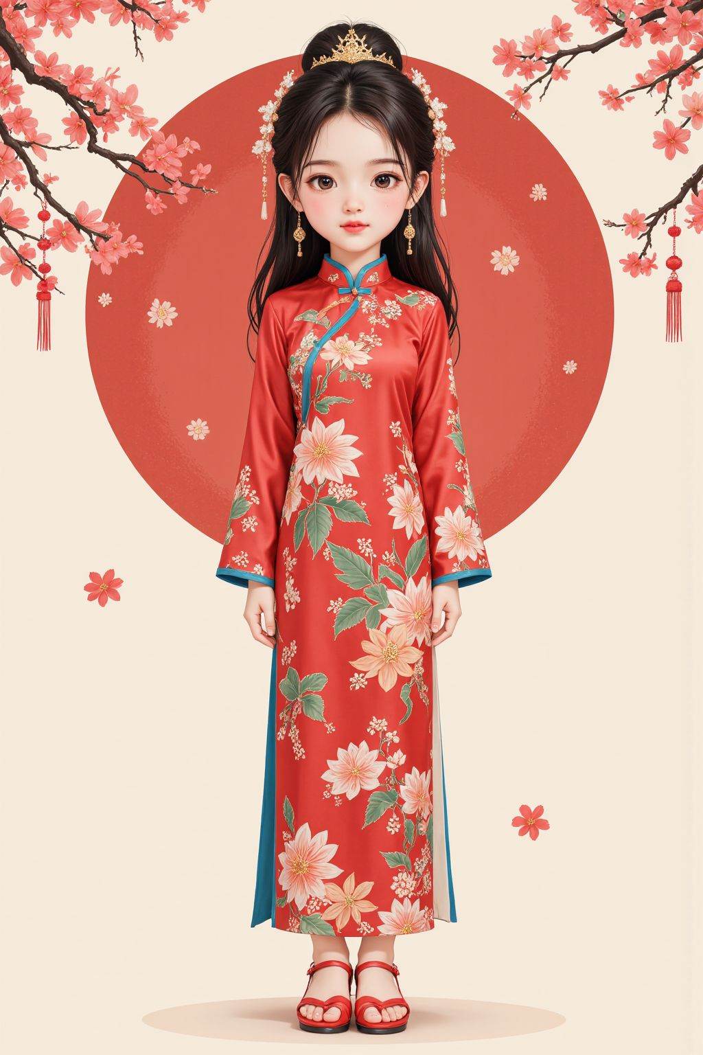 flat 2d art, flat poster illustration, girl, chinese dress,