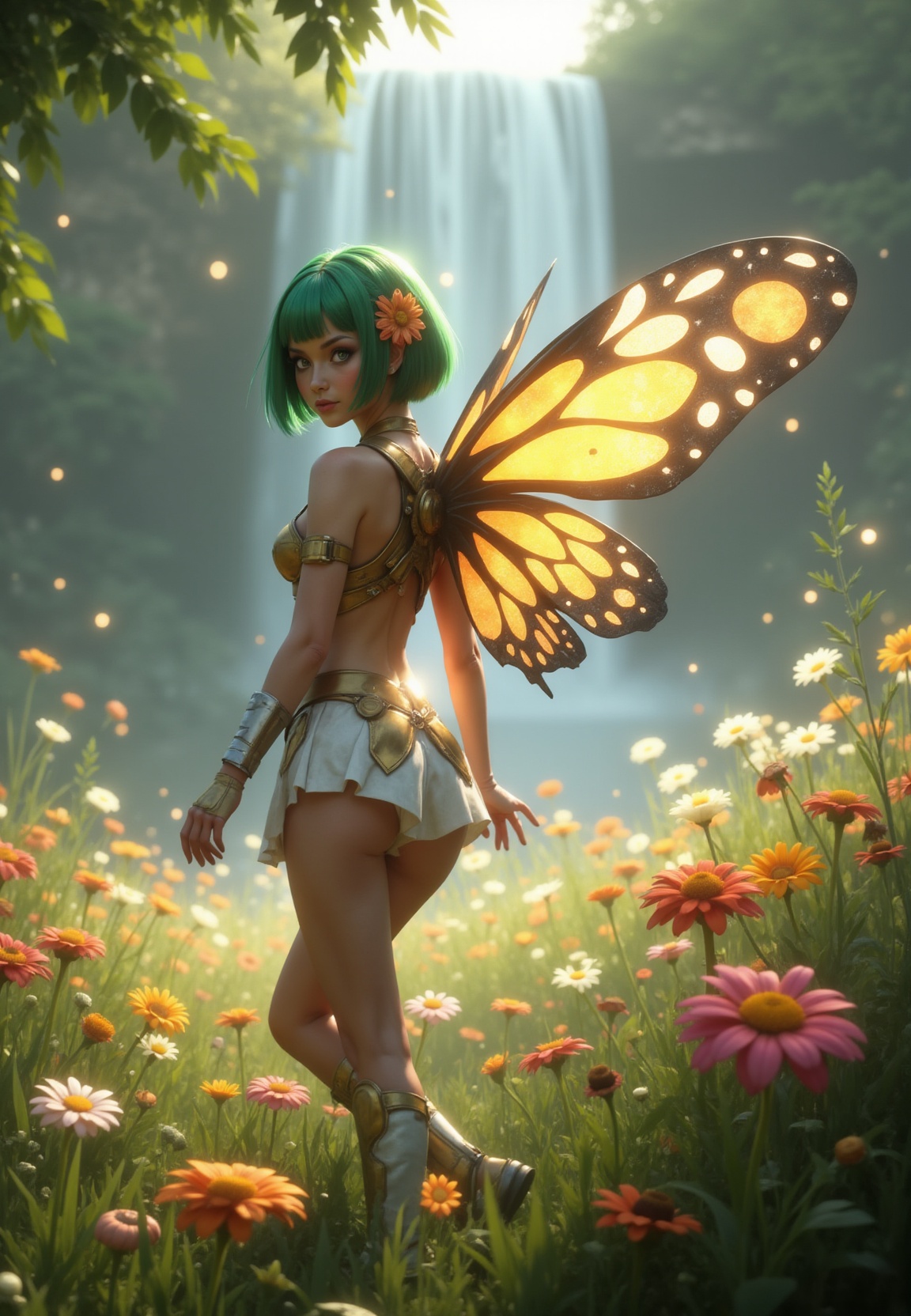 8k uhd,  cinematic view: A airy fantasy angel-winged scandinavian woman with vibrant green hair styled in a bob cut,  ador...