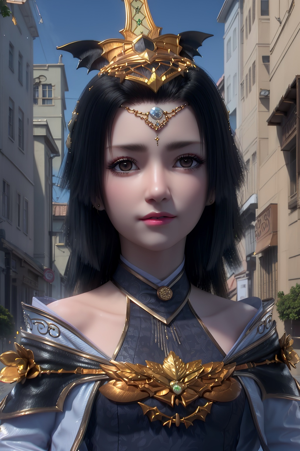 3D,masterpiece,(best quality),(makeup),official art, extremely detailed cg 8k wallpaper,((crystalstexture skin)), (extremely delicate and beautiful),(highly detailed),(face),(collar),(tiara),(crown),(headdress),(1girl), (solo), (jewelry), (earrings),(black_hair),(long_hair),(hair_ornament),(handwear),((small_breasts)),portrait,(dress),(shiny_clothes),(city,outdoor),((looking_at_viewer)),((Facing the camera)),, <lora:hipoly3DModelLora_v10:0.3>
