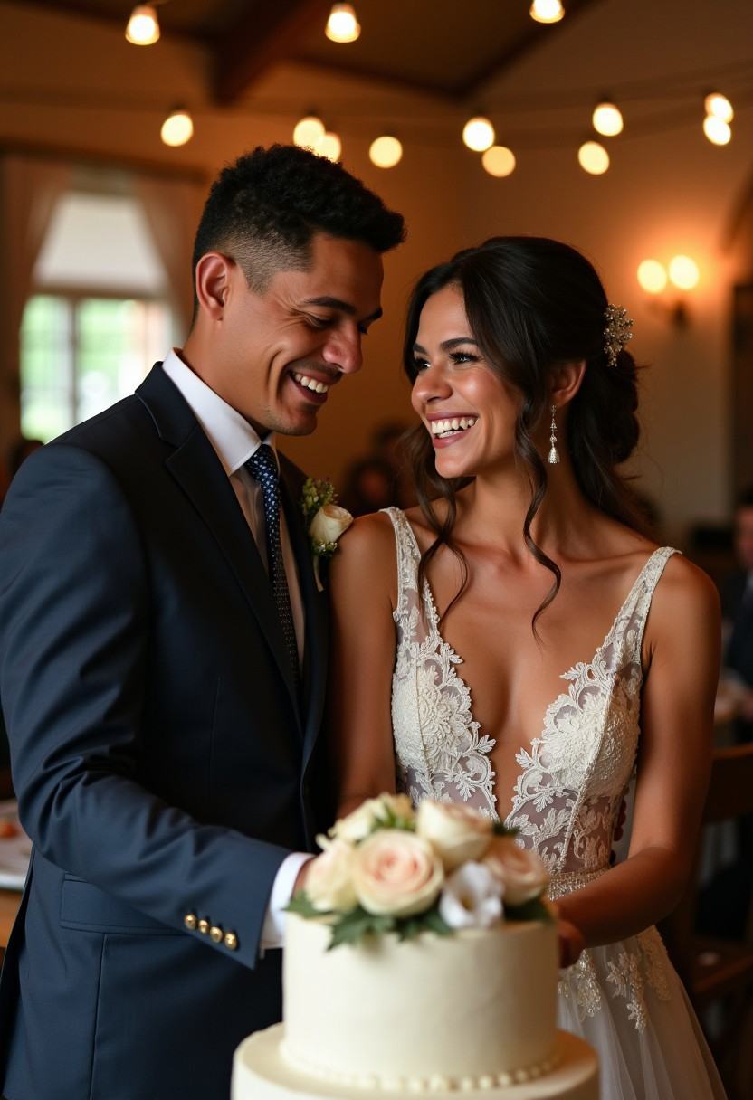 @carlosmanuelpe2 (40) "A highly detailed and realistic photograph of a bride and groom cutting their wedding cake,  captur...
