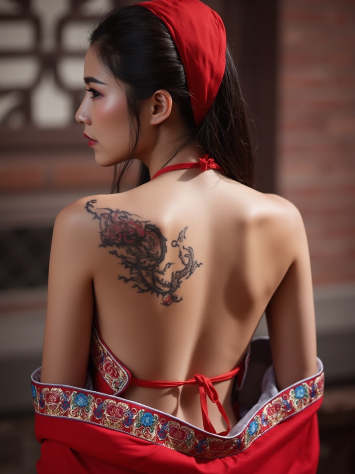This is a high-resolution photograph of an Asian woman posing in a traditional Chinese costume against a blurred background. She is standing with her back to the camera, showcasing her back and upper arms. Her skin is smooth and tanned, with a tattoo of a dragon in black ink across her shoulder blades. She has long, dark hair styled in an elaborate updo, secured with a red ribbon. Her outfit is a traditional Chinese qipao, a one-piece dress with a plunging neckline, featuring intricate embroidery in red, blue, and gold along the edges. The fabric is shiny and silky, with a deep V-neckline that reveals her collarbone. She wears a red headscarf tied around her head, and a red ribbon around her waist. The background features a blurred brick wall and a window with a geometric pattern, suggesting a historic or cultural setting. The overall composition is rich in color and texture, with a focus on the woman's back and the intricate details of her attire.