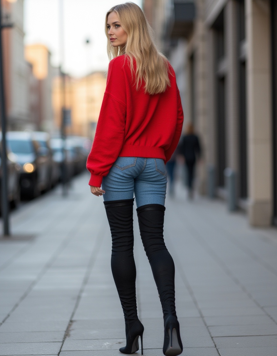a 18 year old blonde woman wearing black thigh high suede boots,  skinny jeans and a red sweater sideview photo on a city...