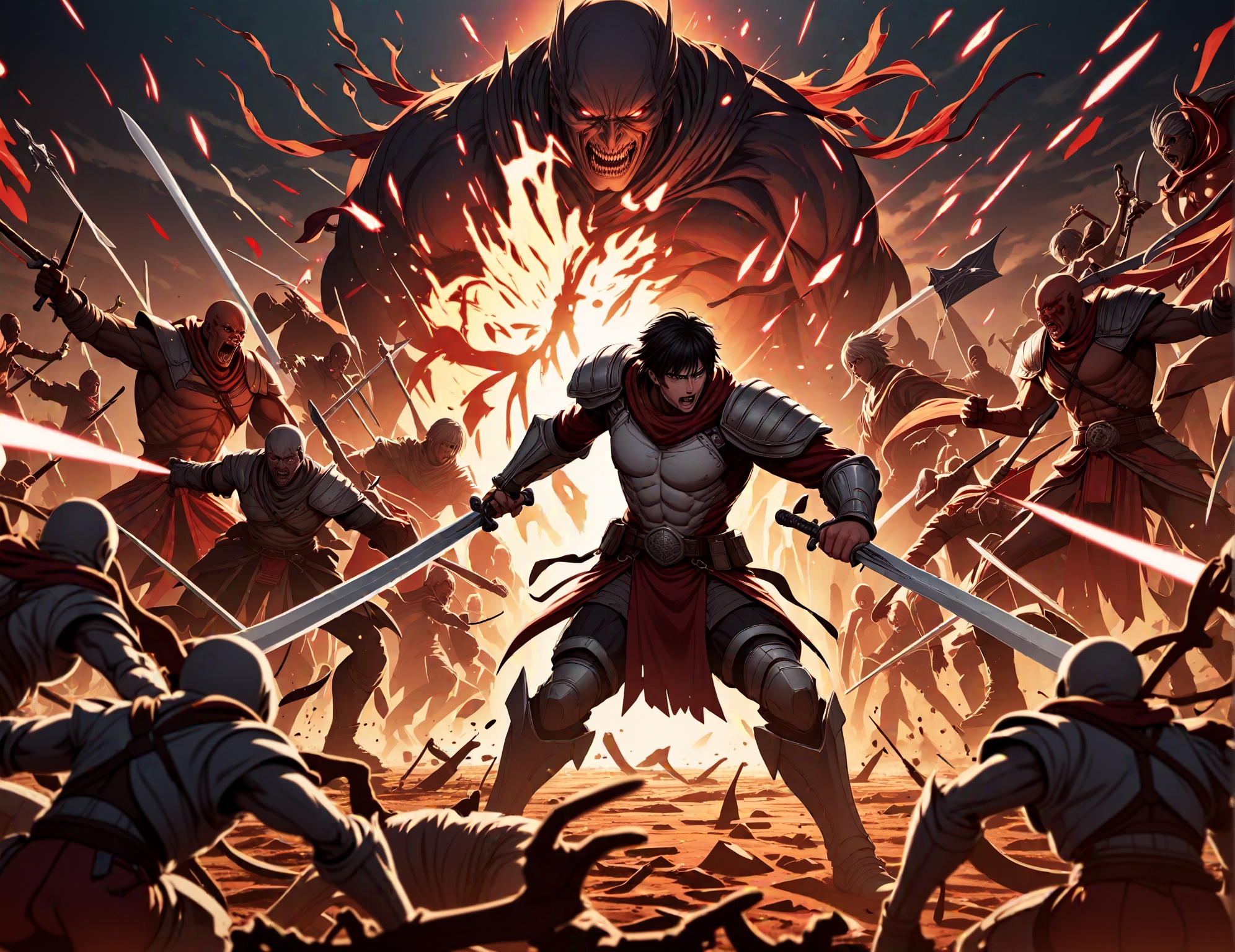 Wide angle digital action anime scene,  ,  Attack on Titans composition on Tensor.Art