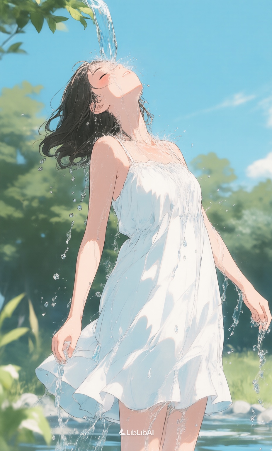 治愈系动画,一个年轻的女人穿着白色的裙子,她闭着眼睛,头向后倾斜,让水从她的脸和身体上层叠下来,户外,, Negative prompt: ng_deepnegative_v1_75t,(badhandv4:1.2),EasyNegative,(worst quality:2),多手指,多手臂,多脚,,nsfw, Steps: 28, Sampler: Euler, CFG scale: 3.5, Seed: 3360346768, Size: 928x1536, Model hash: 98763a1277, Model: Qwen-Image_1.0.safetensors, Denoising strength: 0, RNG: CPU, Lora 1: 治愈系动画, Lora Hash 1: f84af1927a, Lora Weight 1: 0.9, vae_name: automatic