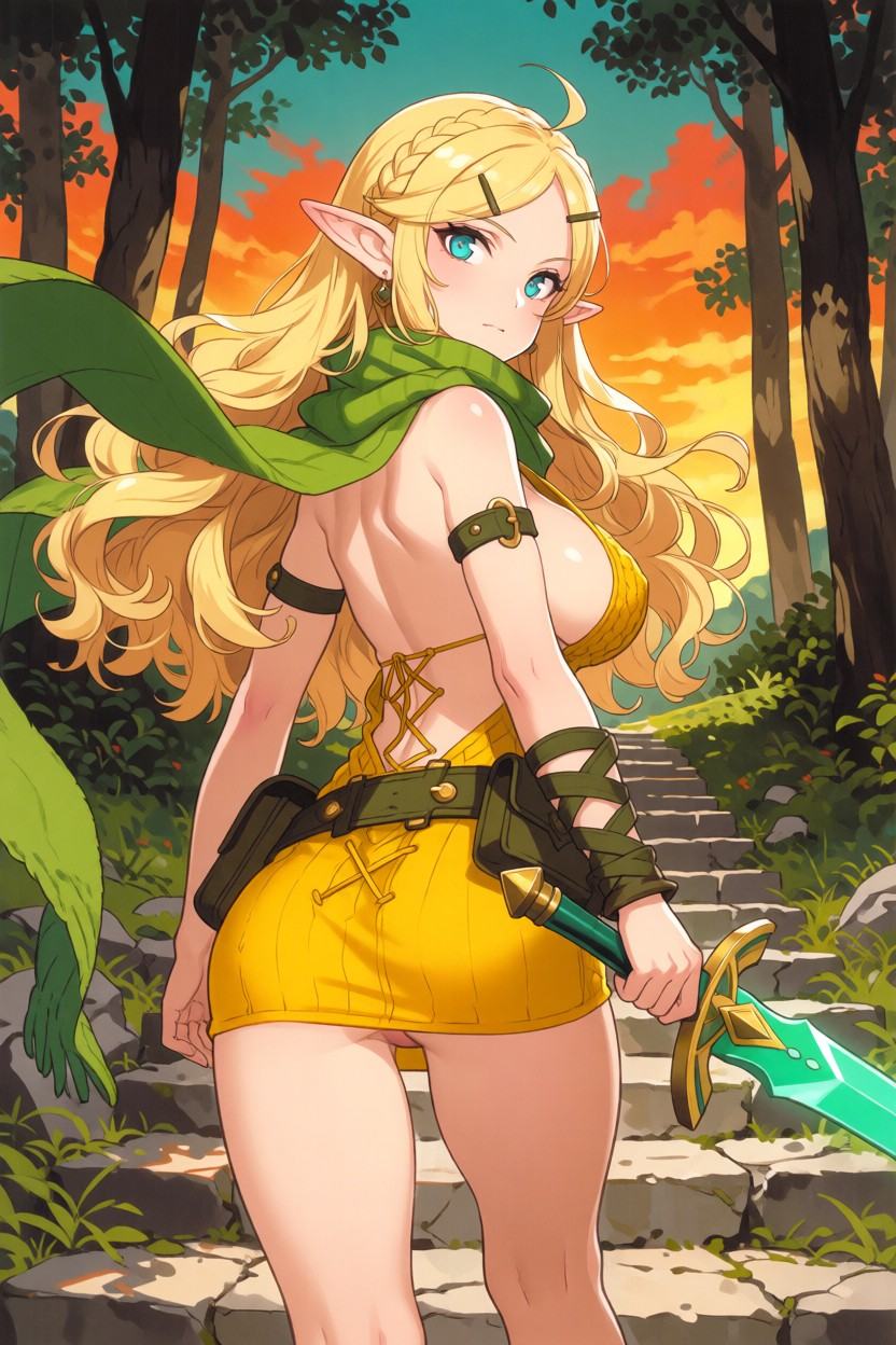 Three-quarter body anime illustration of a beautiful elf warrior woman from a back view,  looking over her shoulder. She h...