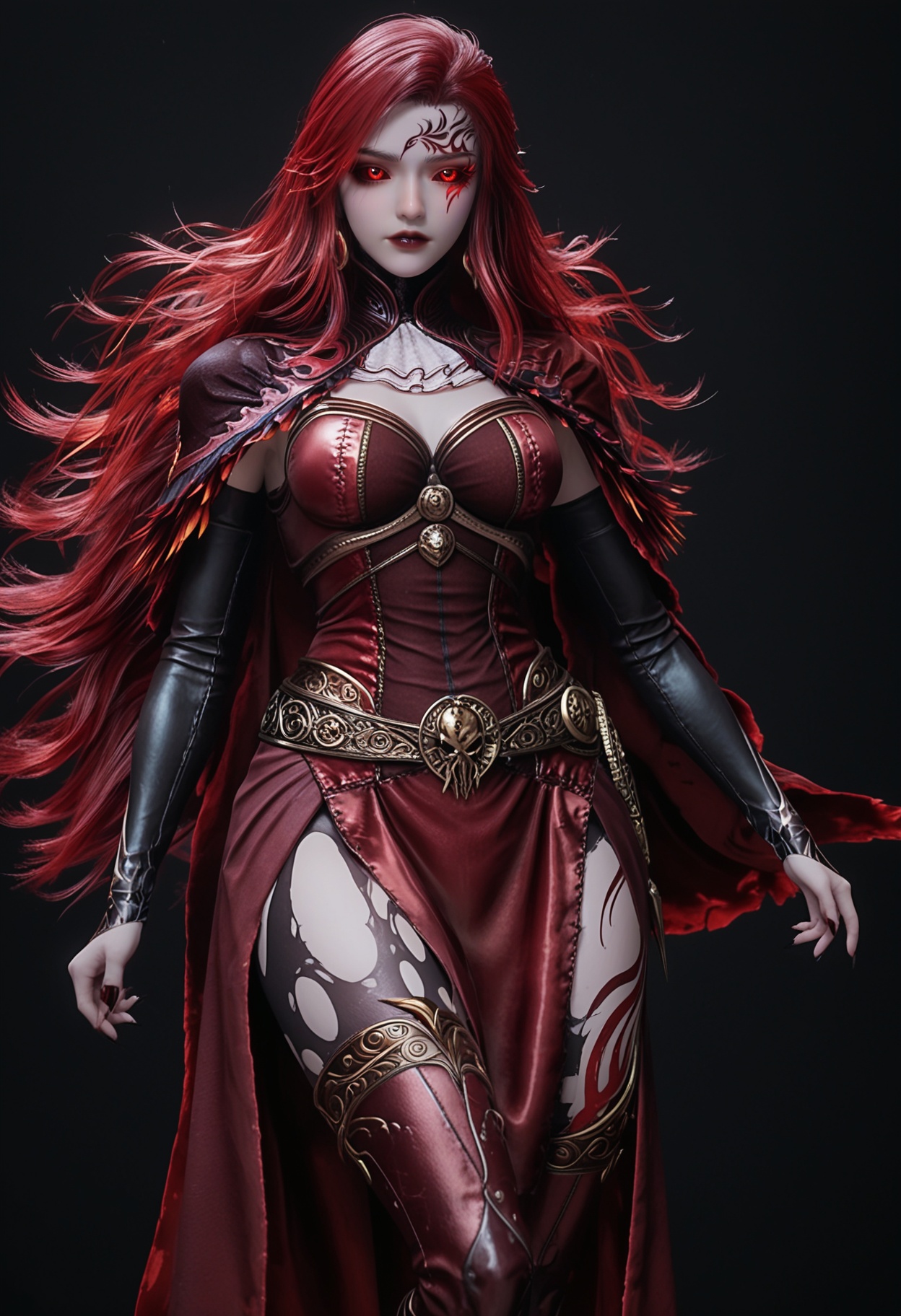 (upper_body:1.2),score_9,score_8_up,masterpiece,(best quality),intricate details,facing viewer,(looking at viewer:1.1),<lora:YQ_pony_maxiaotao_fuzhang2_V4:0.8>,q1528437228,1girl,solo,long hair,red hair,red eyes,dress,cape,belt,boots,jewelry,red dress,thighhighs,earrings,colored sclera,black sclera,high heels,torn clothes,tattoo,red cape,ascot,brown eyes,facial mark,gloves,armor,glowing eyes,red sclera,thigh boots,high heel boots,white ascot,black footwear,BREAK(score_9:1.2),(score_8_up:1.2),masterpiece,best quality,very aesthetic,perfect anatomy,(hourglass),perfect face,(simple background,pure black background,black background:1.1),fair_skin,(shiny_skin:1.1),Ivory_skin,