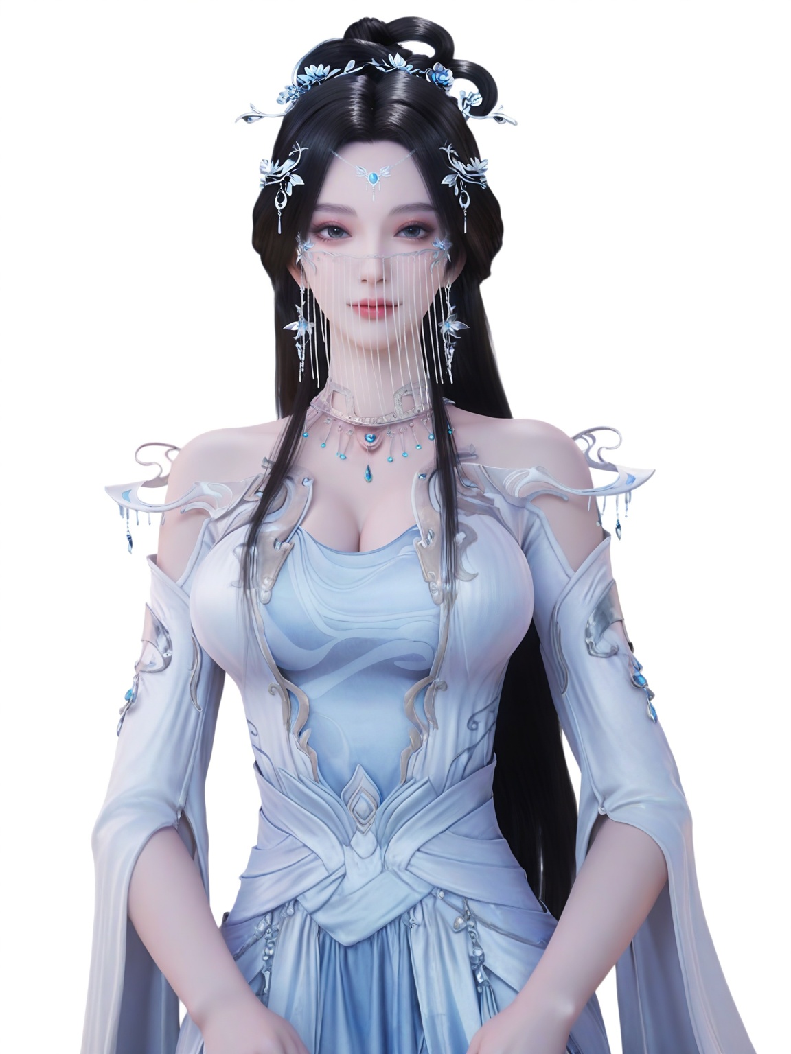 score_9,<lora:SF_AnMiaoYi2_Pony_Realism2.3-000003:0.7>,hair ornament,black hair,dress,long hair,eyeshadow,1girl,breasts,large breasts,dress,gem,necklace, forehead jewel,facial accessories,solo,looking at viewer,white background,simple background,cowboy shot,