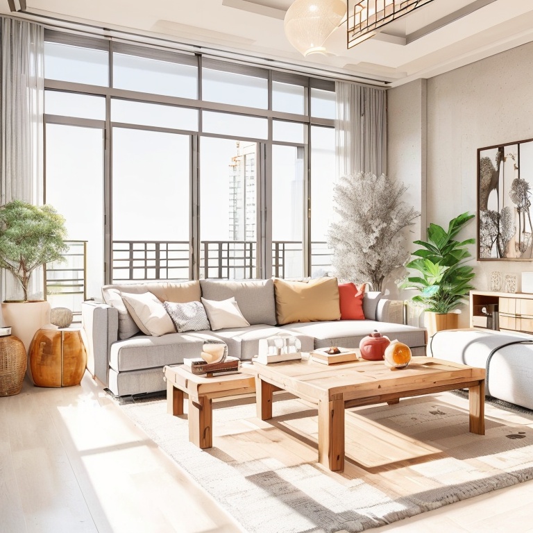 jianzhu, Modern  living room, natural light, wood grain, bonsai, large windows, gray sofa, coffee table, potted plants, books, artwork, decorative ornaments, curtains, balcony, cityscape, high-rise buildings, sunlight, shadows, stylish, shoji, tatami<lora:jianzhu-000009:0.8>