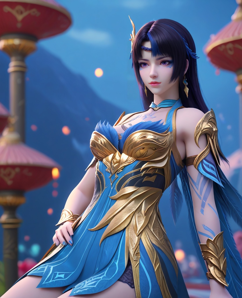 (oriental architecture, elegant decor, sophisticated style:1.1),Looking down, hands on the hips,,(breasts:1.2),<lora:XL16大主宰九幽:0.95>,miss jiuyou,armor,boobplate,purple eyes,braid circlet,makeup,black hair,blue streaked hair,long hair,hair ornament,sternum tattoo,rerebrace,left hand single glove with blue,blue wings cape,blue lower leg decoration, blue overskirt, zPDXL2, score_9, score_8_up, score_7_up BREAK realistic, masterpiece,best quality, highly detailed,, zPDXL3, zPDXL2,zPDXL, zPDXLxxx, zPDXLrl,