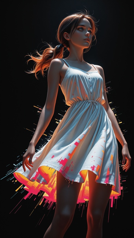 high_quality, highres, beautiful, detailed, (masterpiece, best quality:1.2), absurdres, 8k, HDR,  A woman , painted in chiaroscuro, summer dress, glitch artifacts , color banding, black background, neon lights, dynamic posing, low_angle, hair tie, bangs,,  <lora:EffectboosterIL:1>