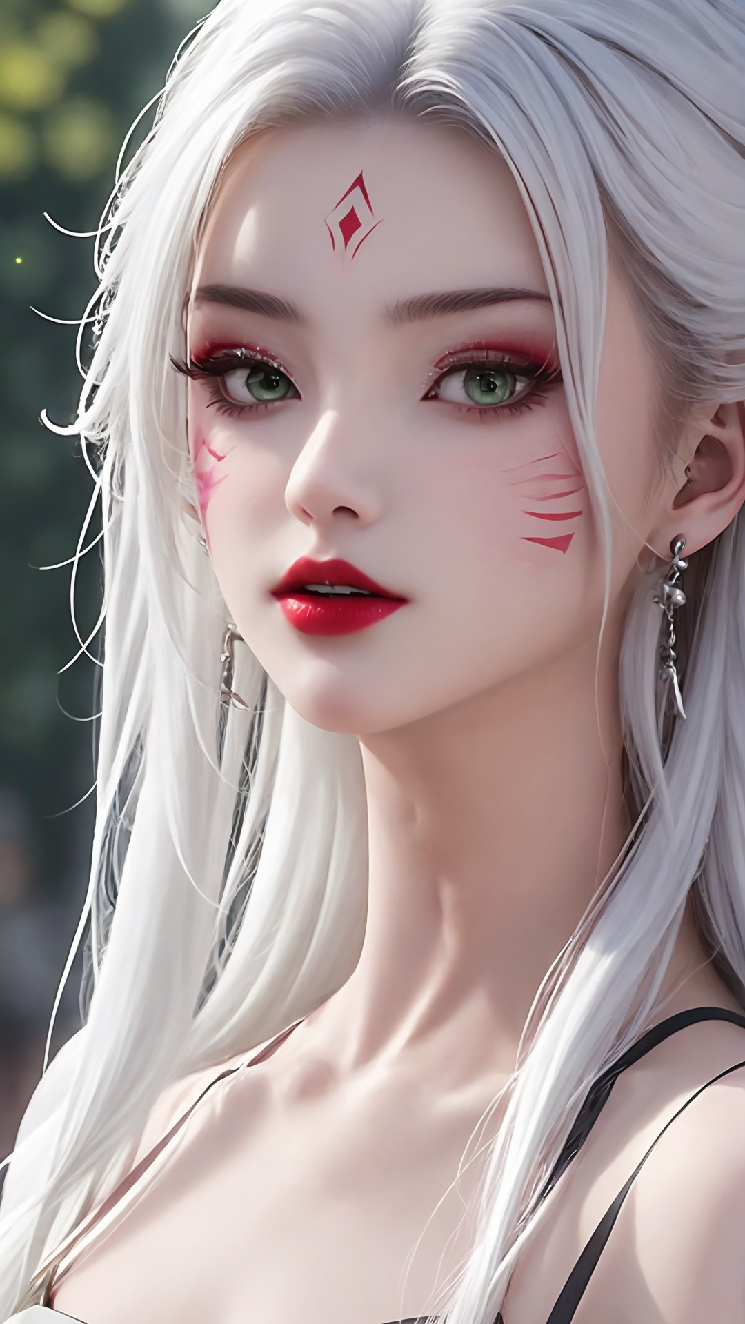 1girl,solo,green eyes,long hair,white hair,looking at viewer,facial mark,lips,blurry,portrait,forehead mark,red lips,bare shoulders,closed mouth,makeup,<lora:girl miaojiangxiaobai_20240912173536:0.7>,
