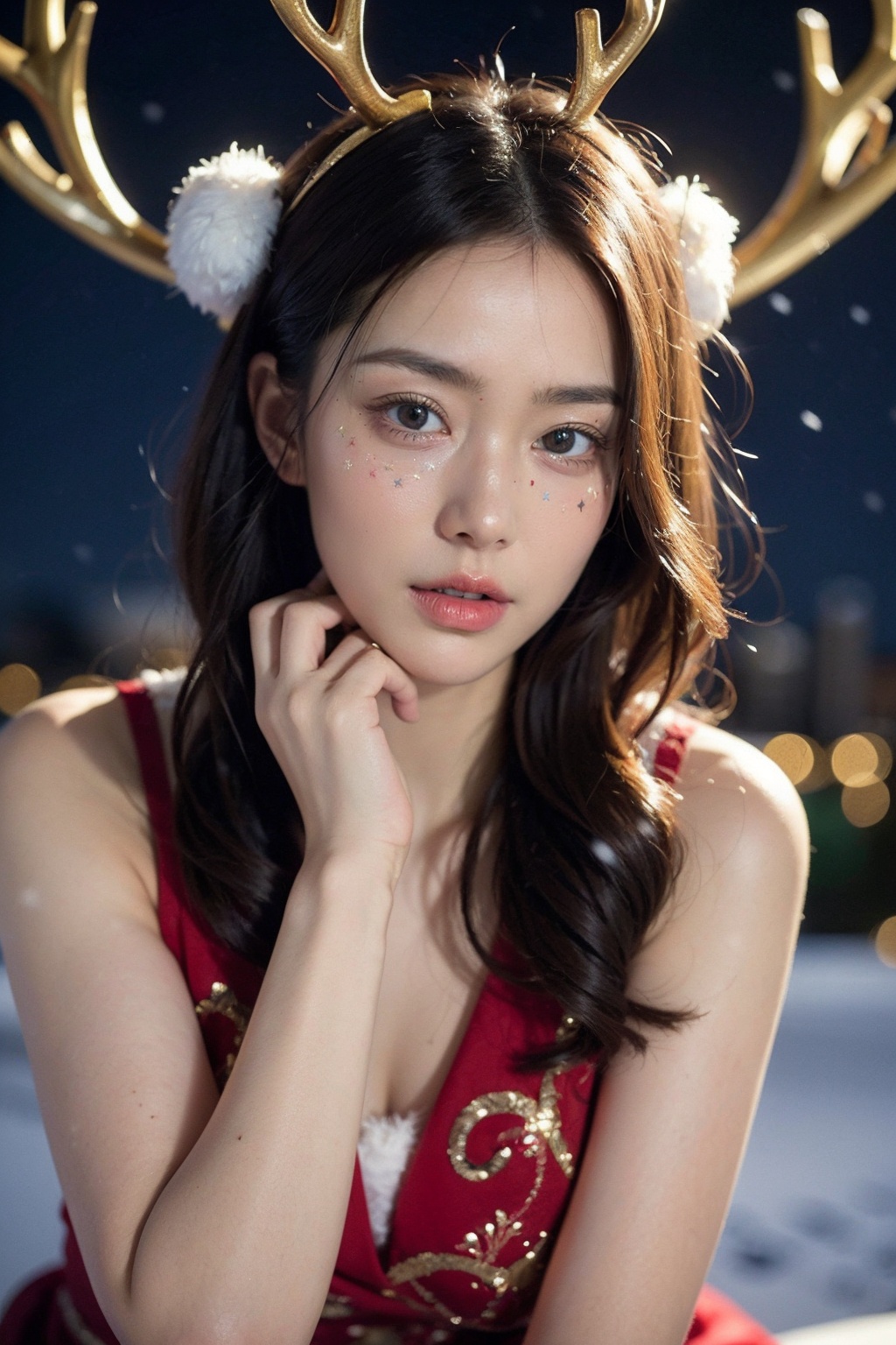 (best quality:1.5),(masterpiece:1.5),1girl,christmas clothes,antlers,close-up,exquisite eyes,night,cityscape,snowing,striped stockings,(an extremely delicate and beautiful),intricate detail,