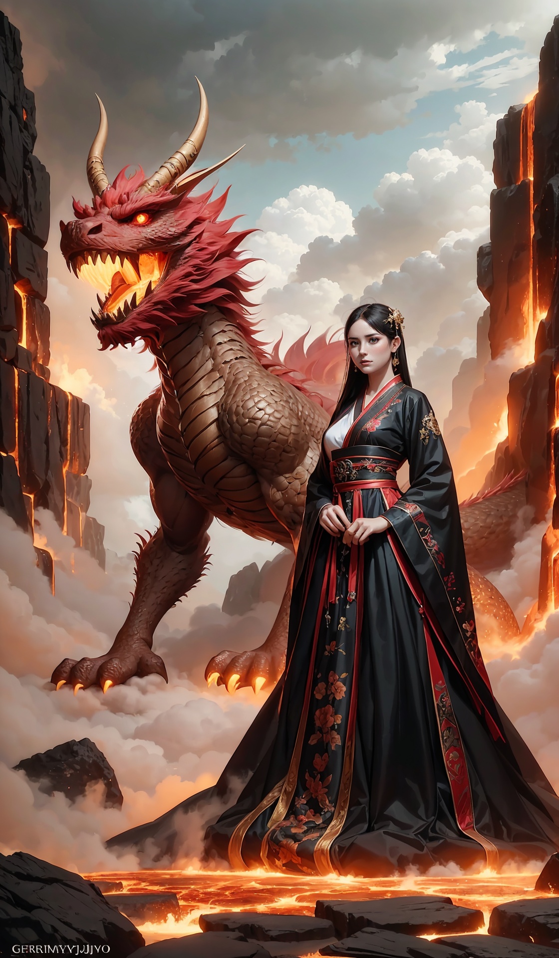 A young girl stands in front of a huge dragon, her eyes firm and fearless. Around her are bubbling lava, glowing brightly. The girl wears a simple dress and her hair is messy due to the wind. She holds a sword tightly in her hand, ready to face the upcoming challenge. High quality photo, intricate details, dramatic lighting, intense atmosphere, epic fantasy art by Gregory Manchess, Alphonse Mucha, Trending on DeviantArt, Trending on ArtStation, Intricate, High Detail, Sharp focus, dramatic, photorealistic painting art by midjourney and greg rutkowski.