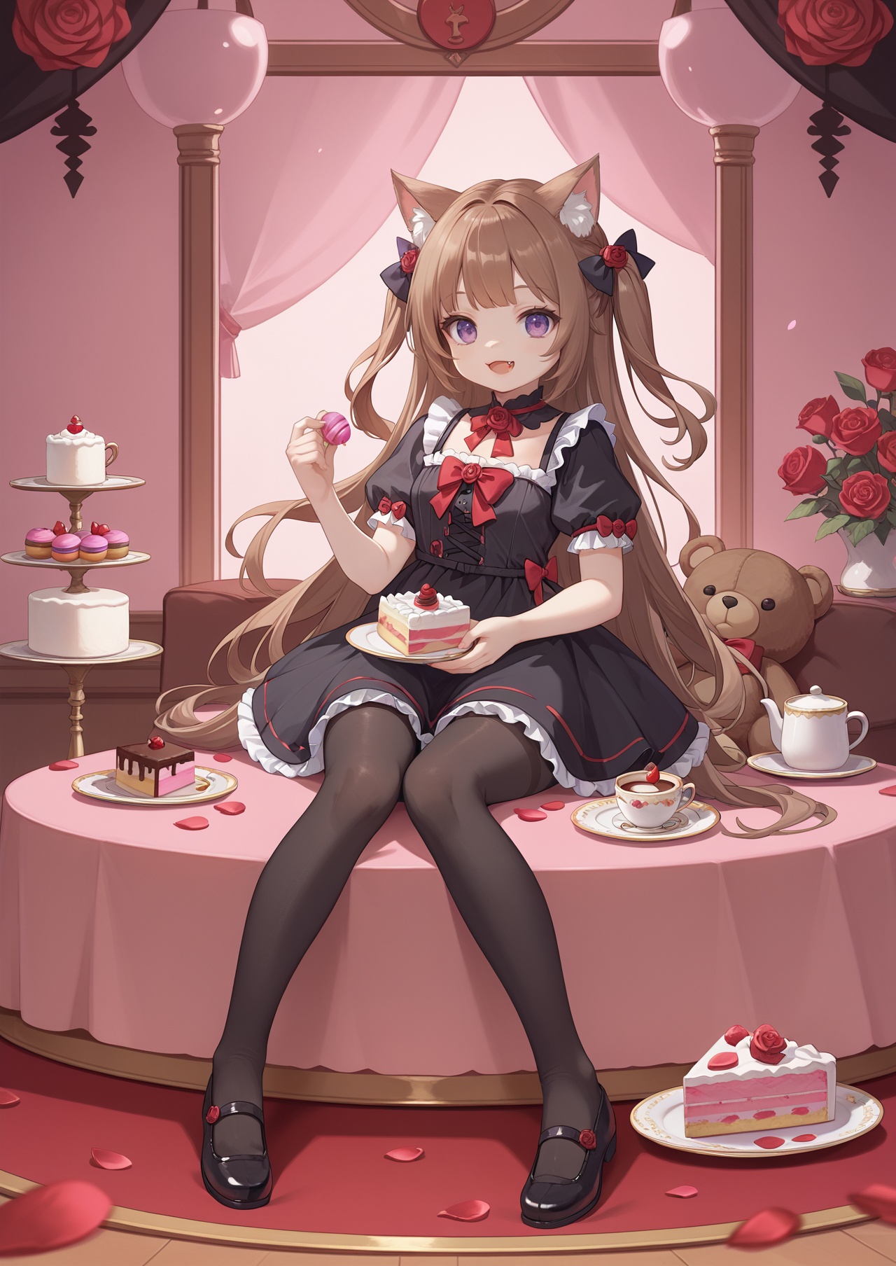 score_10,score_9,score_8_up,score_7_up,1girl,purple eyes,animal ears,solo,rose,shoes,black footwear,dress,flower,cup,food,smile,stuffed toy,cake,puffy sleeves,long hair,thighhighs,teacup,stuffed animal,red flower,red rose,short sleeves,brown hair,two side up,black dress,puffy short sleeves,petals,cake slice,:d,animal ear fluff,looking at viewer,no shoes,detached sleeves,frills,macaron,frilled dress,teddy bear,black thighhighs,very long hair,bow,tiered tray,plate,single shoe,minigirl,sitting,mini person,hair ornament,holding,cat ears,hair bow,table,fang,pantyhose,rose petals,full body,open mouth,
