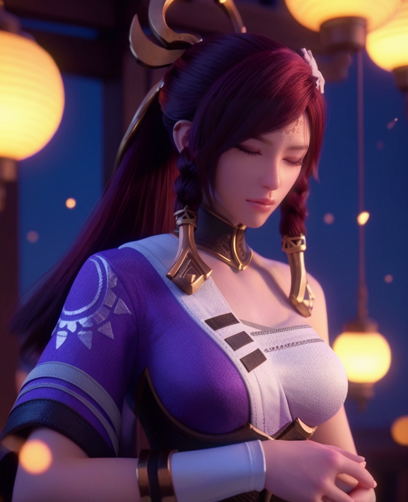 (oriental architecture, elegant decor, sophisticated style:1.1),(sleeping:1.1),(large breasts:1.2),<lora:XL王者荣耀伽罗:0.95>,miss jialuo,purple right side robe layered on top of white sarashi,red hair,ponytail,twin braids,hair ornament,hair tubes,detached collar,armored dress,forehead mark,bangs,purple eyes,hair flower,white thighhighs,(veil:1.1),, score_9,score_8_up,score_7_up,score_6_up,score_5_up,score_4_up,3d rendering,tag1,tag2, Cinematic Lighting,backlighting,, zPDXL3, zPDXL2,zPDXL, zPDXLxxx, zPDXLrl,