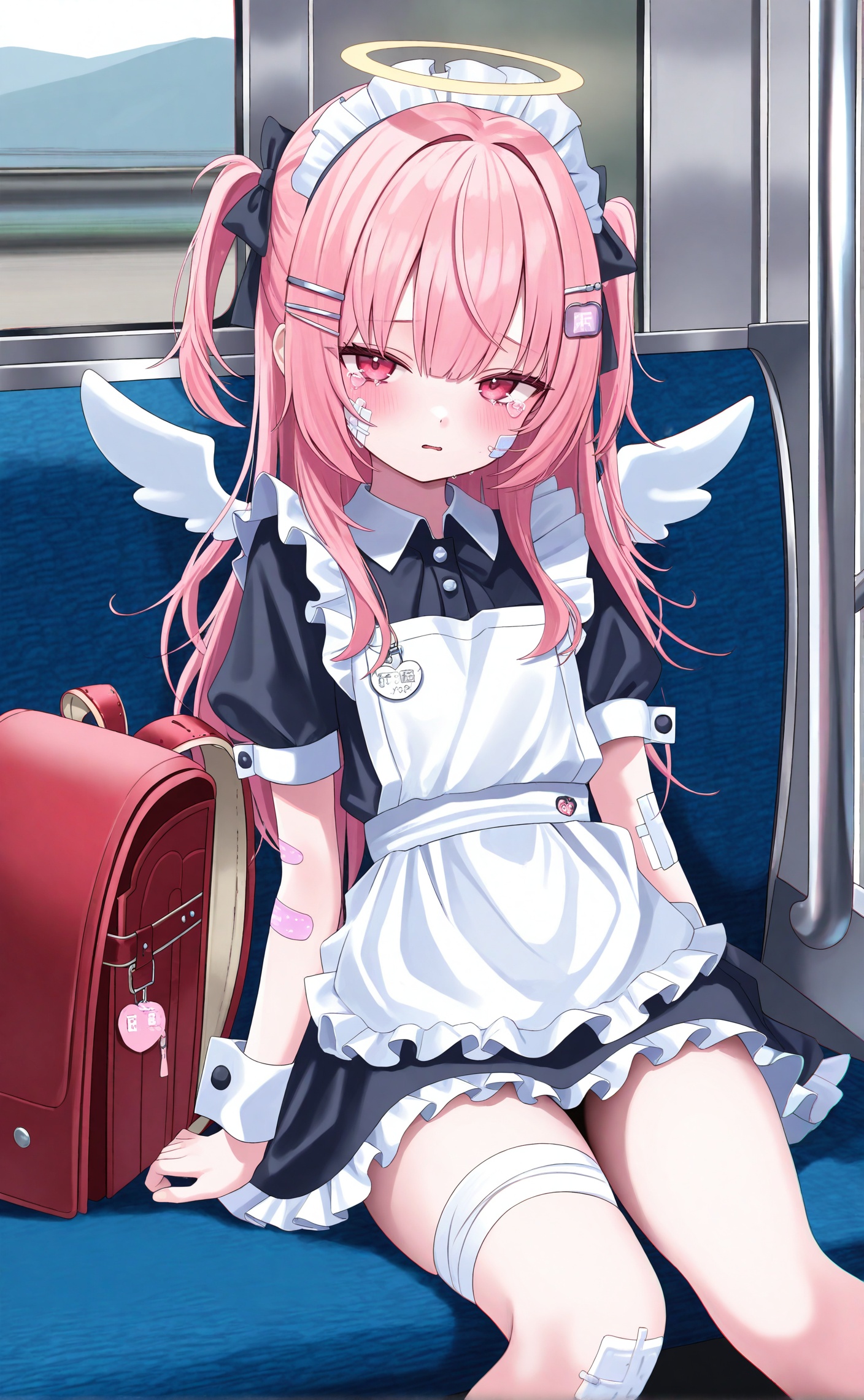 masterpiece,absurdres,best quality,loli,((petite)),high quality,chromatic_aberration,photorealistic,//,bandaid, 1girl, backpack, hair ornament, randoseru, maid headdress, bag, pink hair, bandages, halo, bandaid on arm, blush, solo, wrist cuffs, wings, apron, bandaid on face, sitting, bow, long hair, two side up, dress, maid, white apron, short sleeves, angel wings, hair bow, frills, bandaged leg, unworn backpack, hairclip, train interior, tears, unworn bag, black dress, name tag, black bow, puffy short sleeves, bandaid on cheek, puffy sleeves, gauze, white wings, crying, crying with eyes open, pink eyes, tearing up, mini wings, bandaid on leg, maid apron, frilled apron, looking at viewer, parted lips, red eyes, thighs, frilled dress, white bow<lora:12.17lczz new:0.8>