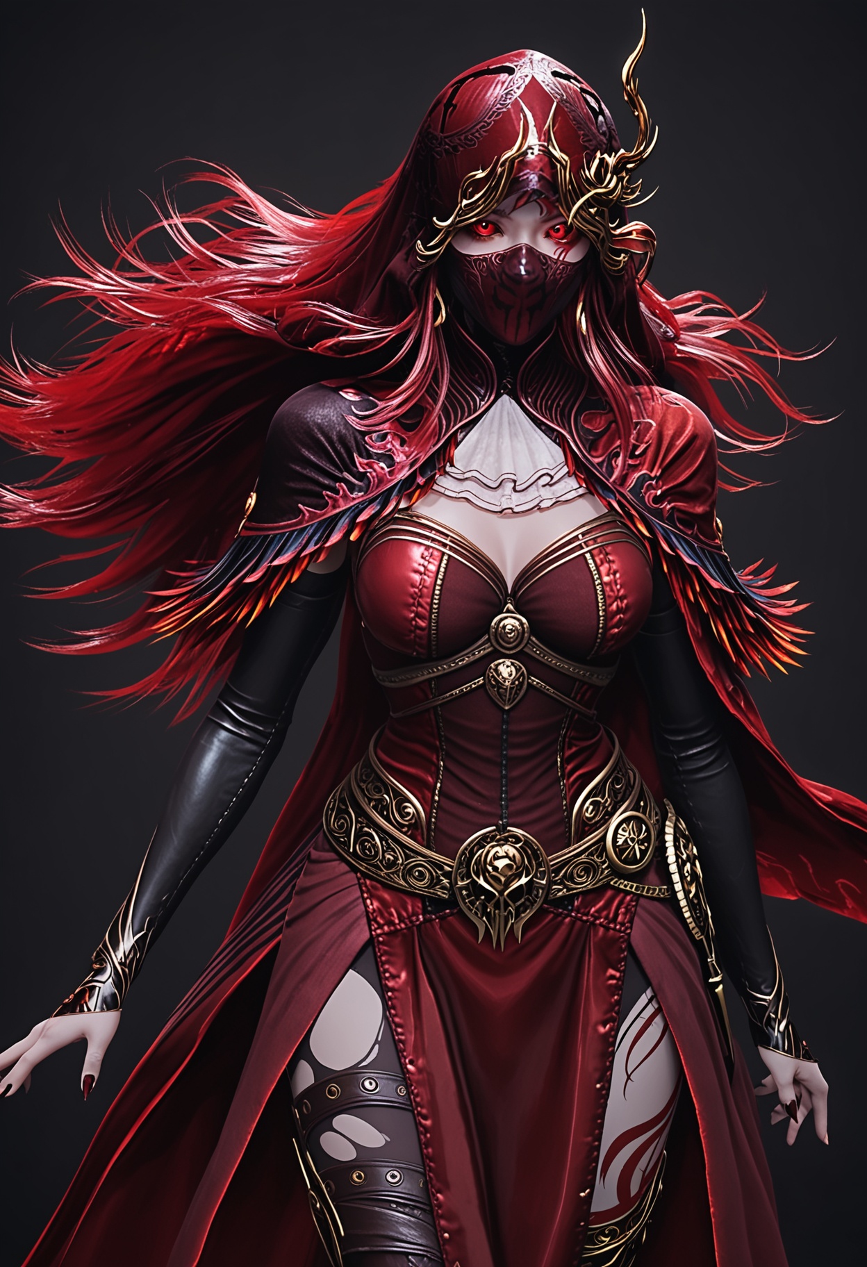 (upper_body:1.2),score_9,score_8_up,masterpiece,(best quality),intricate details,facing viewer,(looking at viewer:1.1),<lora:YQ_pony_maxiaotao_fuzhang2_V4:0.8>,q1528437228,1girl,solo,long hair,red hair,red eyes,dress,cape,belt,boots,jewelry,red dress,thighhighs,earrings,colored sclera,black sclera,high heels,torn clothes,tattoo,red cape,ascot,brown eyes,facial mark,gloves,armor,helmet,horns,glowing eyes,red sclera,thigh boots,high heel boots,white ascot,cloak,black footwear,mouth mask,mask,hood up,veil,hood,BREAK(score_9:1.2),(score_8_up:1.2),masterpiece,best quality,very aesthetic,perfect anatomy,(hourglass),perfect face,(simple background,pure black background,black background:1.1),fair_skin,(shiny_skin:1.1),Ivory_skin,