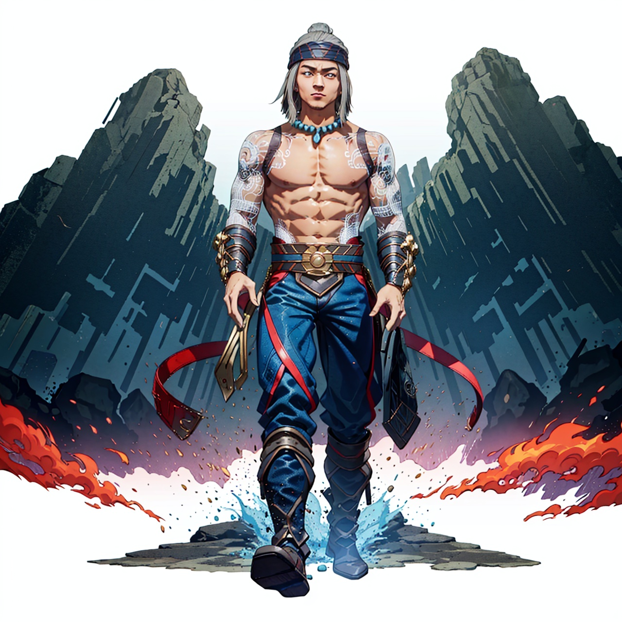 (masterpiece:1.3),(the best quality:1.2),(super fine illustrations:1.2),(Masterpiece),high quality,high detail,(white background:1.2),looking at viewer,(SOLO:1.4),outline,simple background,<lora:刘康-真人快打11:0.8>, jewelry,1boy,necklace,tattoo,fire,flame,muscular,headband,long hair,pants,belt,earrings,manly,bead necklace,pearl necklace,back tattoo,white hair,topless male,pectorals,stomach tattoo,shoulder tattoo,full-body tattoo,bare pectorals,arm tattoo,