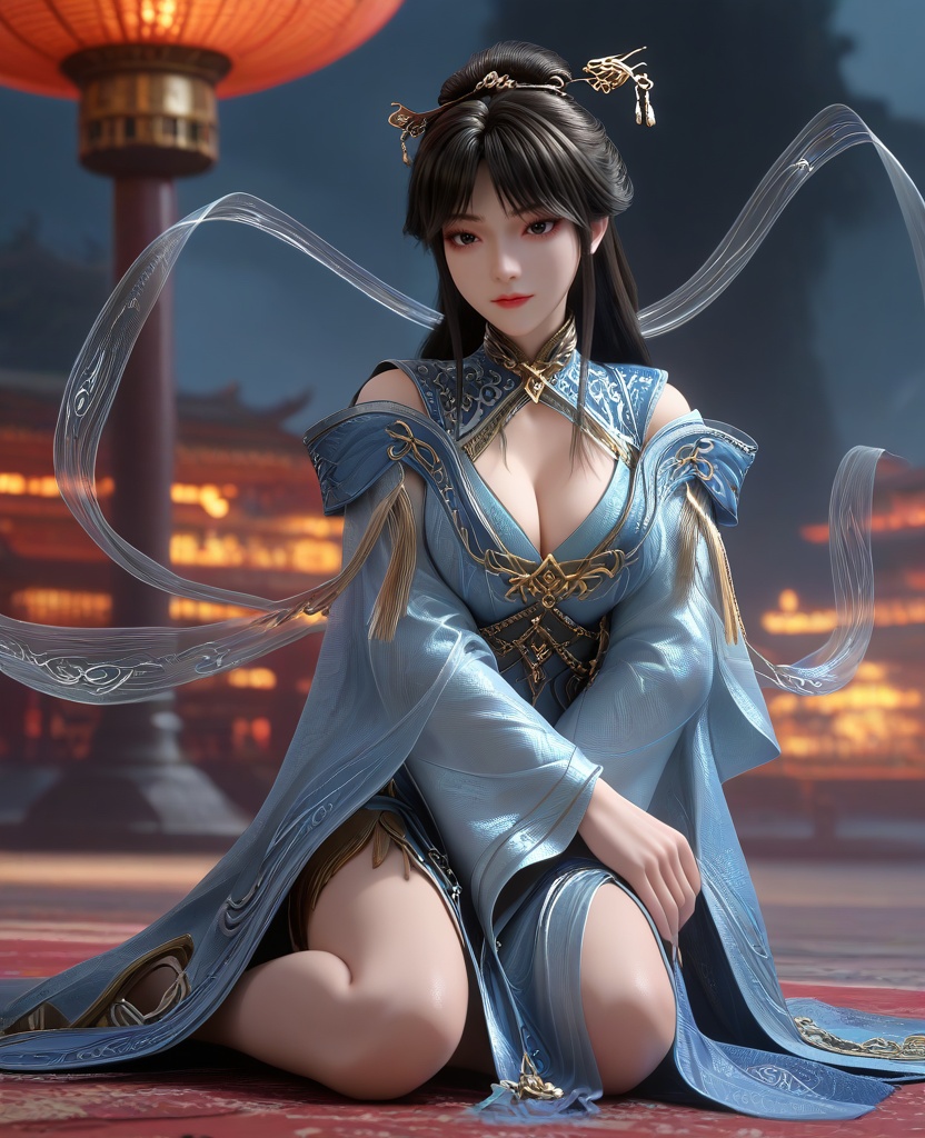 (Sitting with legs stretched out and arms crossed over the chest:1.1),(large breasts:1.2),<lora:XL16云深不知梦云珞璇:0.95>,miss yunluoxuan,blue gray chinese clothes,black eyes,black hair,long hair,hair ornament,hair bun,hagoromo,jewelry,wide sleeves,red lips,, score_9,score_8_up,score_7_up,score_6_up,score_5_up,score_4_up,3d rendering,tag1,tag2, Cinematic Lighting,backlighting,