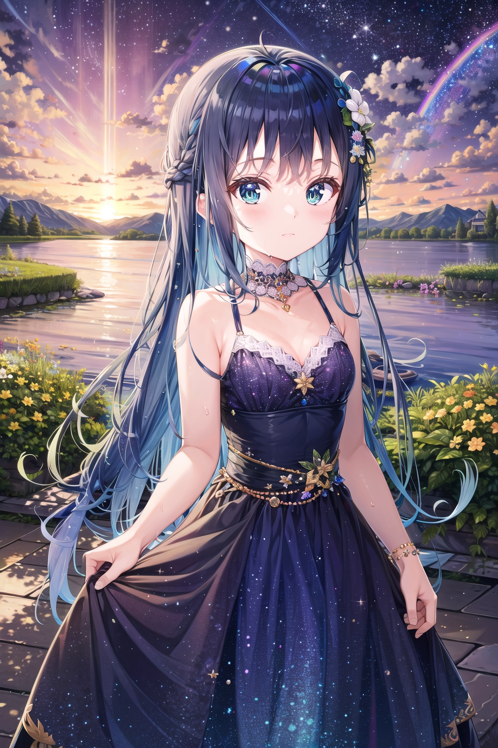 <lora:艺术家_na_kyo_1-000015:1>, (official art:1.2),(colorful:1.1),(masterpiece:1.2),best quality,masterpiece,highres,original,extremely detailed wallpaper,1girl,solo,very long hair,(loli:1.3),vibrant color palette,dazzling hues,kaleidoscopic patterns,enchanting young maiden,radiant beauty,chromatic harmony,iridescent hair,sparkling eyes,lush landscapes,vivid blossoms,mesmerizing sunsets,brilliant rainbows,prismatic reflections,whimsical attire,captivating accessories,stunning chromatic display,artful composition,picturesque backdrop,breathtaking scenery,visual symphony,spellbinding chromatic enchantment,(shiny:1.2),(Oil highlights:1.2),[wet with oil:0.7],(shiny:1.2),[wet with oil:0.5]