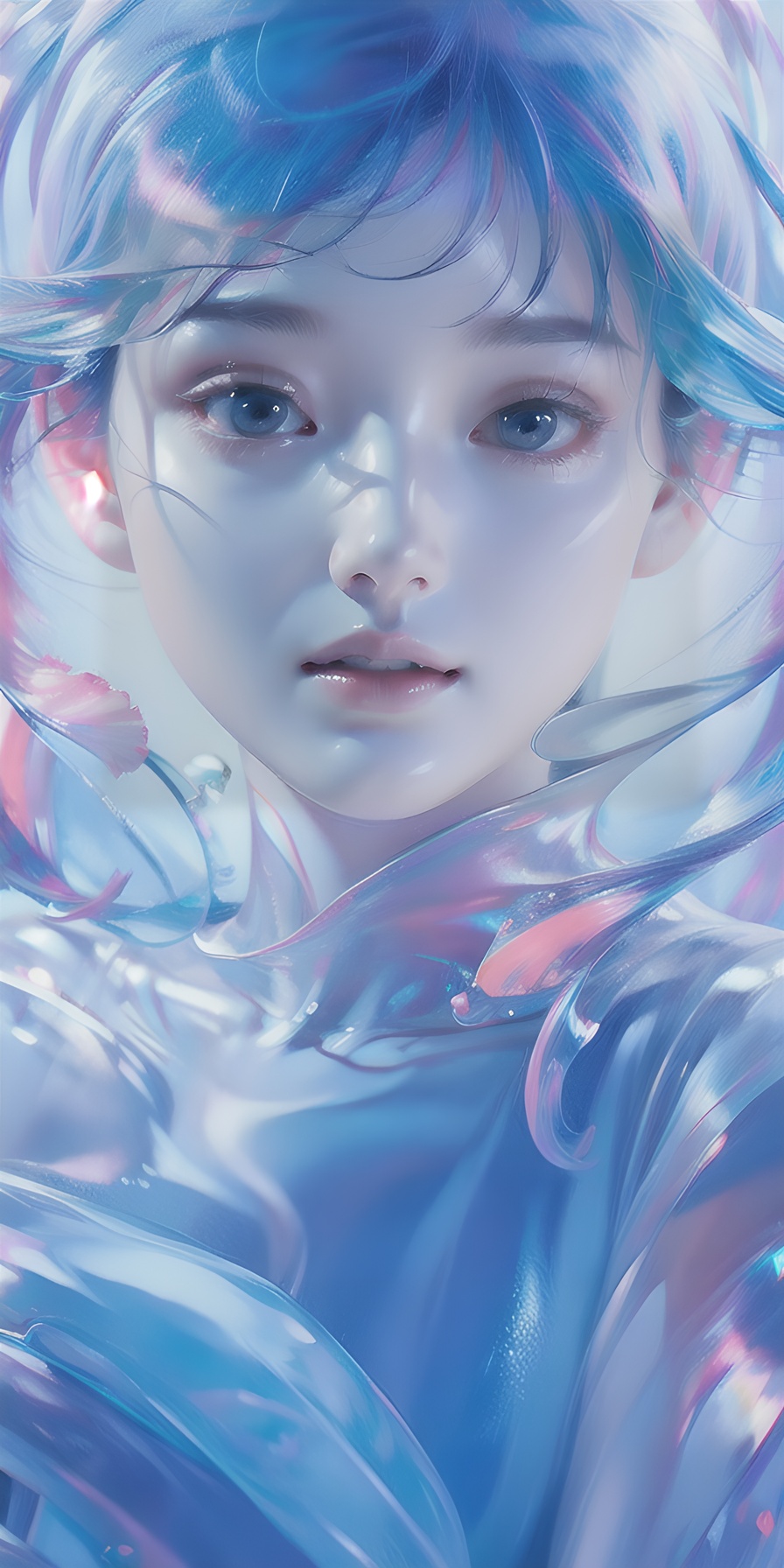 1girl, solo, blue eyes, hair over one eye, smile, looking at viewer, upper body,(holo hair), (purple|blue hair),breasts, lips, bangs, nose, closed mouth, medium breasts, realistic, simple background,(realistic:1.5),masterpiece, Extremely detailed CG unity 8k wallpaper, best quality, highres:1.2),(ultra_detailed, UHD:1.2),(pixiv:1.3),perfect illumination,distinct,unreal engine,sidelighting,perfect face,detailed face,beautiful eyes,pretty face,(bright skin:1.3),idol,ulzzang-6500-v1.1,soft smile,(simple background),(depth of field),(ringed eyes:1.4), (holo,holographic hair,holographic body),water, holo water,  <lora:holo_20230701001227:0.6>, <lora:meinv123:0.7>, <lora:磨砂玻璃几何（微软风）:1.2>, 