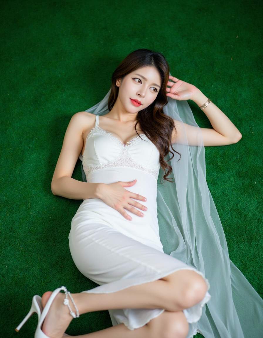 Photograph of an Asian woman with fair skin lying on a lush green carpet. She is dressed in a white, sleeveless, lace-trimmed dress and a matching veil, with her legs crossed and wearing white high-heeled sandals. Her pose is relaxed, with one hand resting on her thigh and the other on her abdomen. The background is a rich green carpet, providing a stark contrast to her pale skin and white attire. The image has a serene, almost ethereal quality.