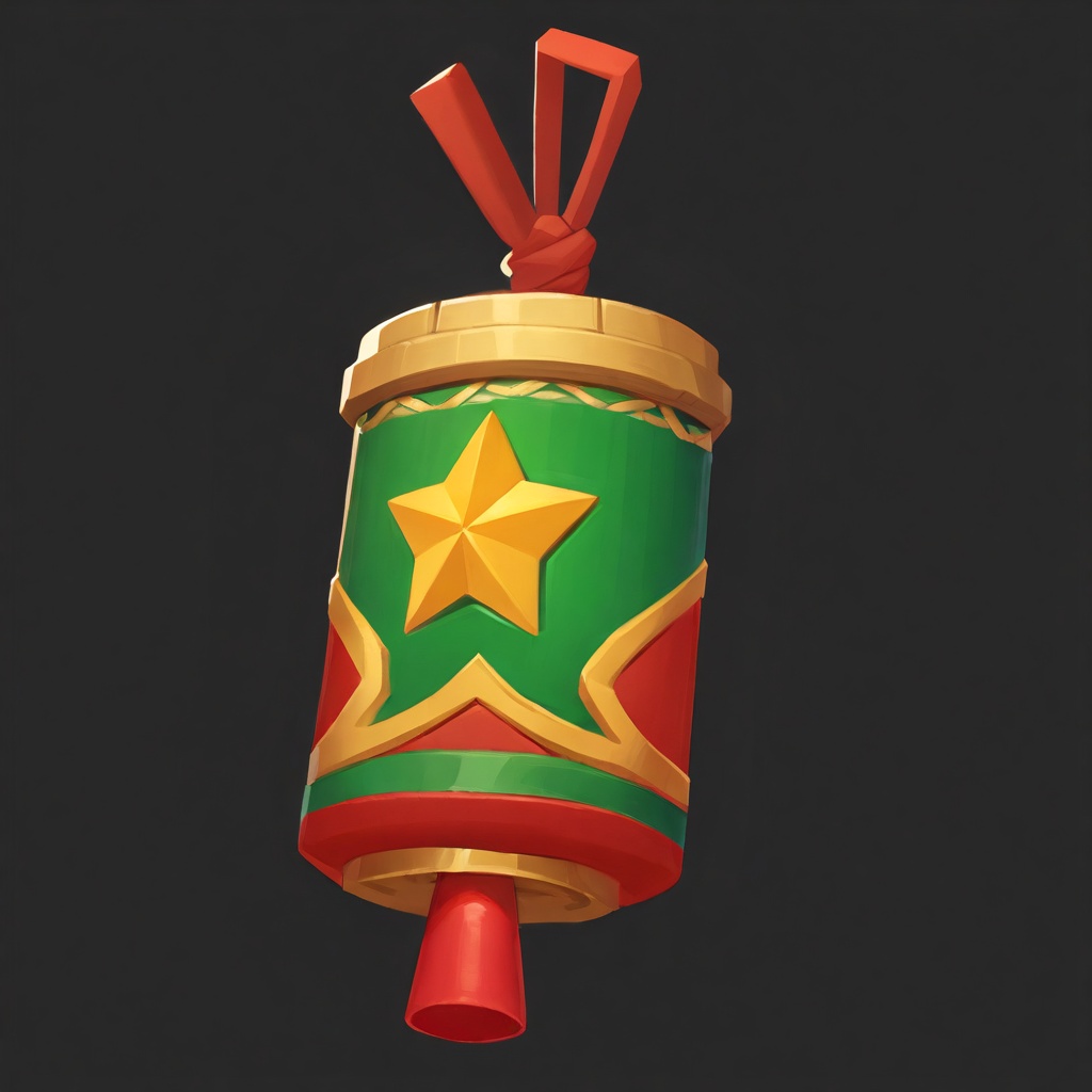 best quality,masterpiece,ultra high resolution,full composition,cartoon,game props,(Holy Firecrackers:1.2),A cylindrical red body with traditional floral patterns,emerald green decorative bands at top and bottom edges,centered bright yellow five-pointed star motif,dark brown braided rope fastened to the upper rim,<lora:T2-bb:0.9>,ywbo,game_icon,