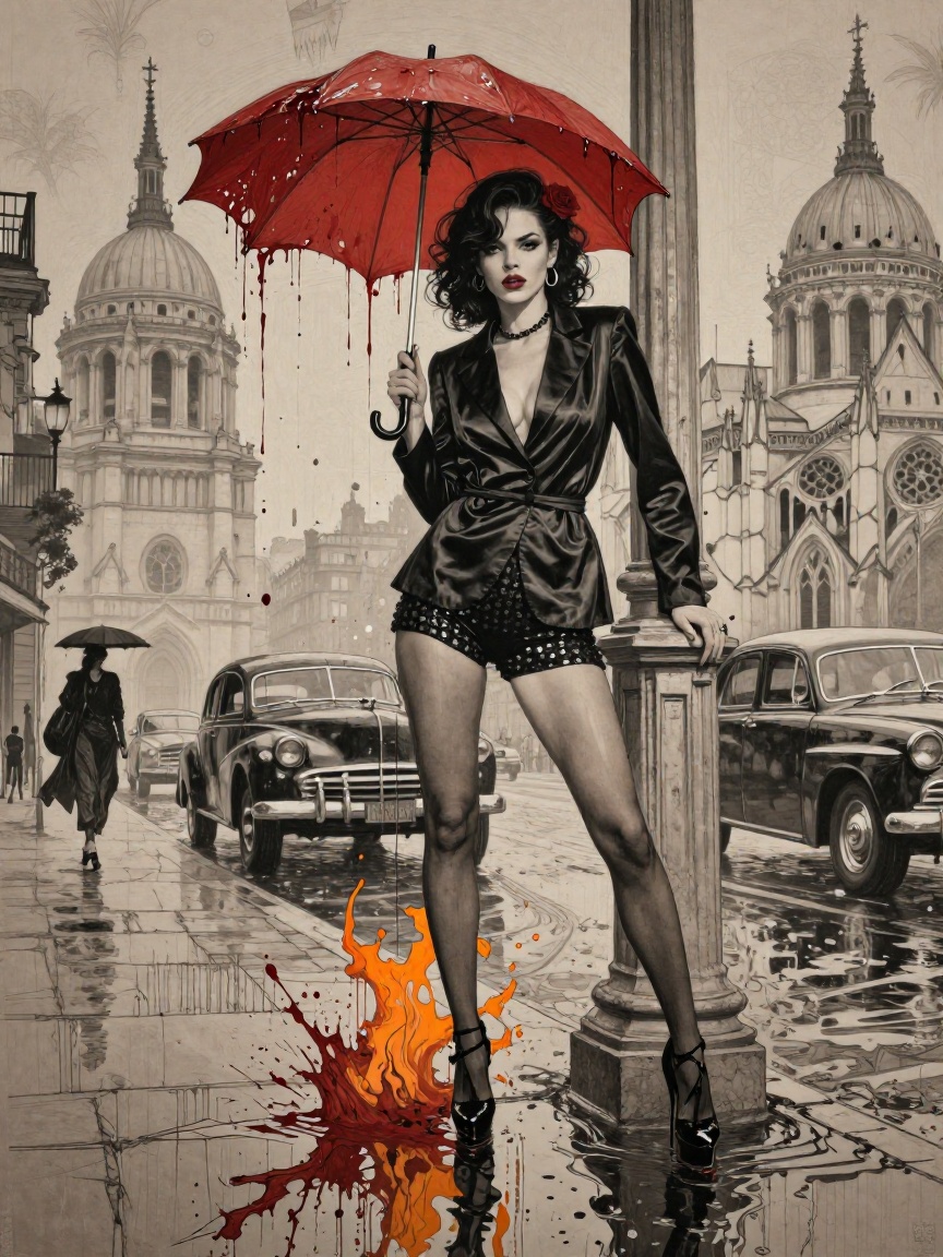 Bradhamel art style. In this arresting cinematic frame,  a sultry,  noir-inspired femme fatale stands poised on a rain-sli...