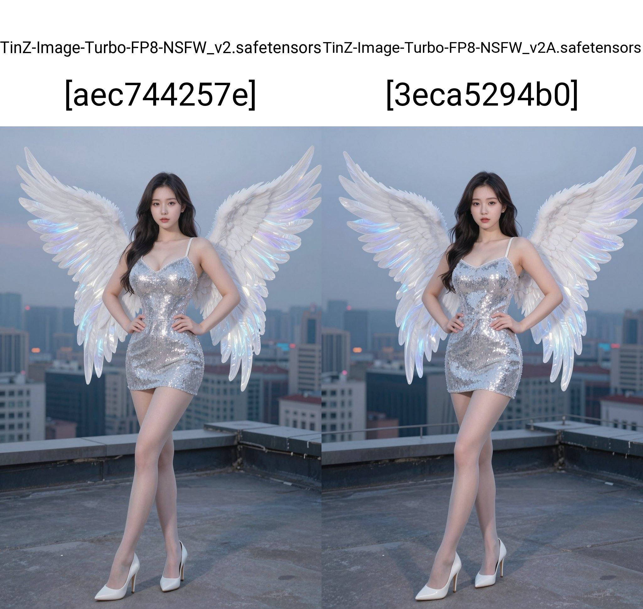 A young Asian woman, estimated age range 25-30, striking a confident pose. She wears a shimmering silver sequined mini dress with thin spaghetti straps, showcasing her décolletage. Accompanying the dress are sheer, light-toned pantyhose and pristine white stiletto heels, emphasizing the length of her legs. Large, ornate, glowing angel wings, predominantly white with hints of blue and purple, emanate light from behind her. Her dark, wavy hair cascades down her shoulders, framing a face with subtle makeup, and a calm, slightly sensual expression. Her hands rest on her hips. The background shows an urban cityscape, with numerous buildings and a twilight sky, creating a contrasting effect with the vibrant subject. The scene takes place atop a flat rooftop, indicated by the gray, textured surface. The image is brightly lit, showcasing an atmosphere of glamour and fantasy. The composition is a medium shot, with the camera positioned at a slight low angle. This evokes a sense of both elegance and power. The lighting appears to be soft and diffused, creating a flattering and ethereal mood. The overall style suggests a blend of fashion photography and fantasy elements.