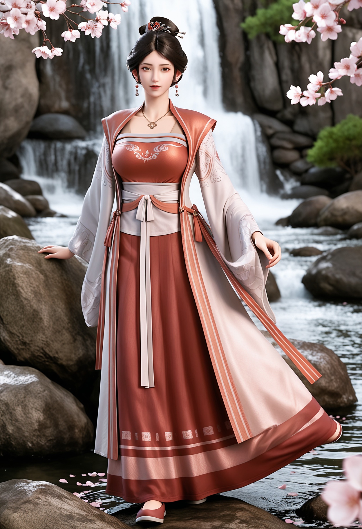 masterpiece,best quality,amazing quality,high resolution,ultra-detailed,absurdres,(looking at viewer:1.1),(moody lighting:1.1),waterfall,peach blossom,falling petals BREAK (large breasts:0.8),xushi,1girl,solo,black hair,jewelry,earrings,realistic,hair ornament,hair bun,necklace,brown eyes,chinese clothes,lips,long sleeves,dress,hanfu,shoes BREAK photorealistic details,<lora:QQSillxushiV1:0.8>,